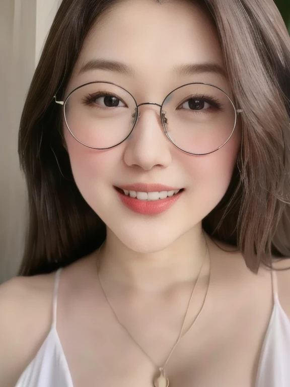 (realistic、masterpiece、Best Quality、8K、highres、high resolution:1.3)、1 glasses girl、Huge breasts、smile, white bikini、pale white skin、looking at viewers、super fine face and eyes、long hair、indoor、 upper body、
