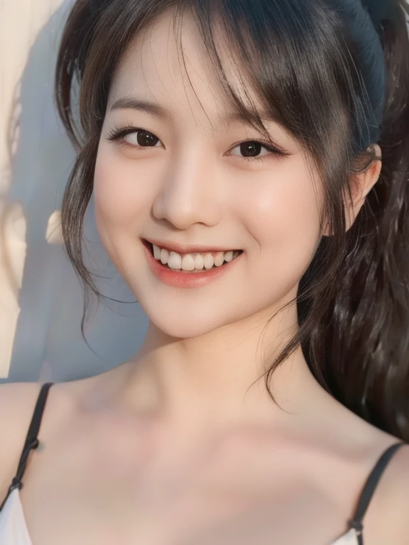 (realistic、masterpiece、Best Quality、8K、highres、high resolution:1.3)、1 girl、Huge breasts、smile, white bikini、pale white skin、looking at viewers、super fine face and eyes、long hair、indoor、 upper body、