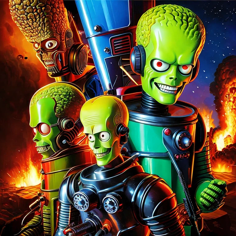 a painting of two aliens in space suits with guns in front of a fire with a building in the background in the style marsattacks