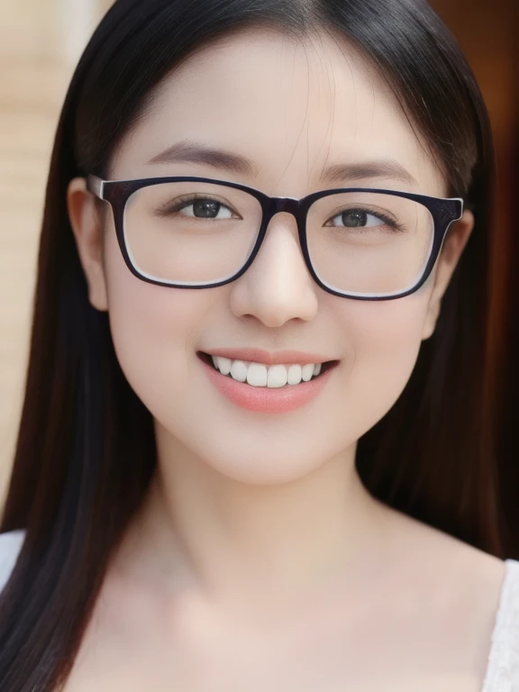 (realistic、masterpiece、Best Quality、8K、highres、high resolution:1.3)、1 glasses girl、Huge breasts、smile, white bikini、pale white skin、looking at viewers、super fine face and eyes、long hair、indoor、 upper body、