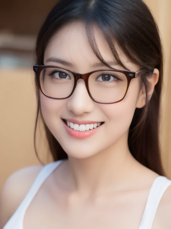 (realistic、masterpiece、Best Quality、8K、highres、high resolution:1.3)、1 glasses girl、Huge breasts、smile, white bikini、pale white skin、looking at viewers、super fine face and eyes、long hair、indoor、 upper body、