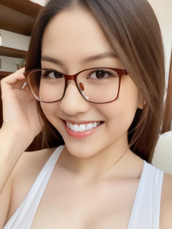 (realistic、masterpiece、Best Quality、8K、highres、high resolution:1.3)、1 glasses girl、Huge breasts、smile, white bikini、pale white skin、looking at viewers、super fine face and eyes、long hair、indoor、 upper body、