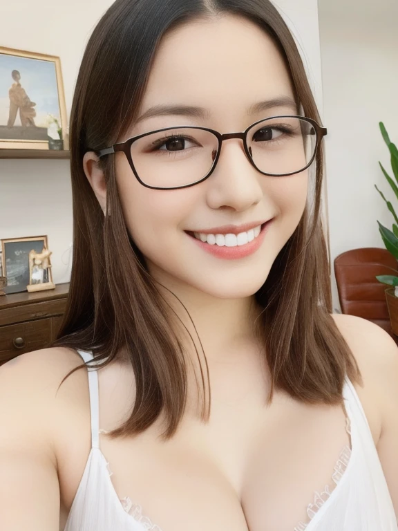 (realistic、masterpiece、Best Quality、8K、highres、high resolution:1.3)、1 glasses girl、Huge breasts、smile, white bikini、pale white skin、looking at viewers、super fine face and eyes、long hair、indoor、 upper body、