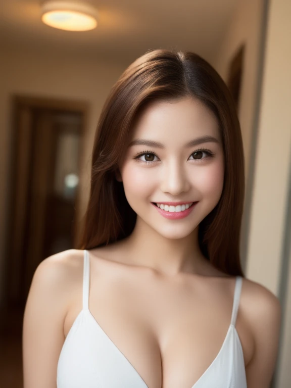 (realistic、masterpiece、Best Quality、8K、highres、high resolution:1.3)、1 glasses girl、Huge breasts、smile, white bikini、pale white skin、looking at viewers、super fine face and eyes、long hair、indoor、 upper body、