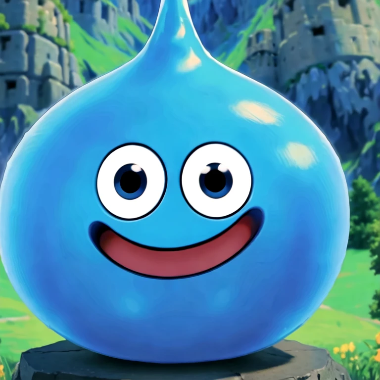 (masterpiece, best quality:1.2),slime \(dragon quest\),dragon quest \(living thing\),body made of slime,open mouth,smile,black eyes,blue body