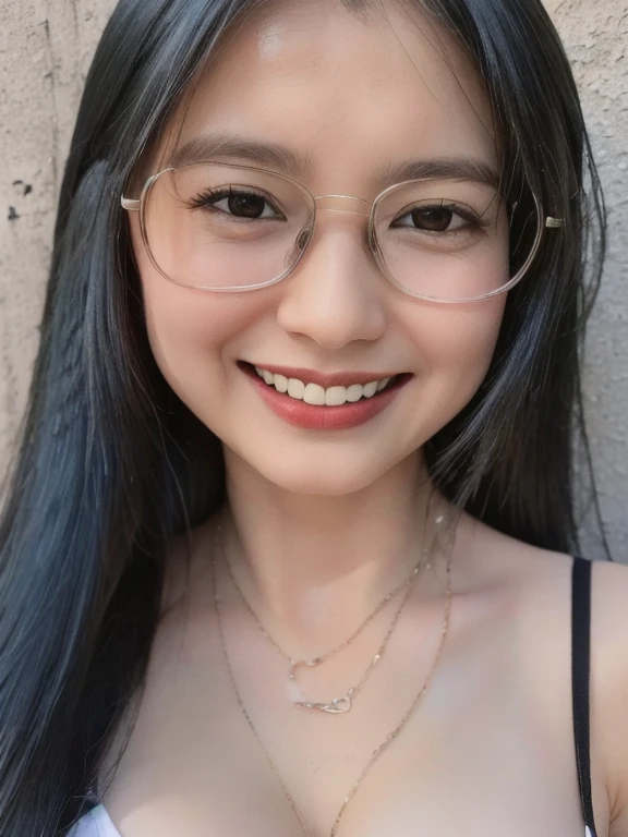 (realistic、masterpiece、Best Quality、8K、highres、high resolution:1.3)、1 glasses girl、smile、Huge breasts、white bikini、pale white skin、looking at viewers、super fine face and eyes、long black hair、indoor、 upper body、
