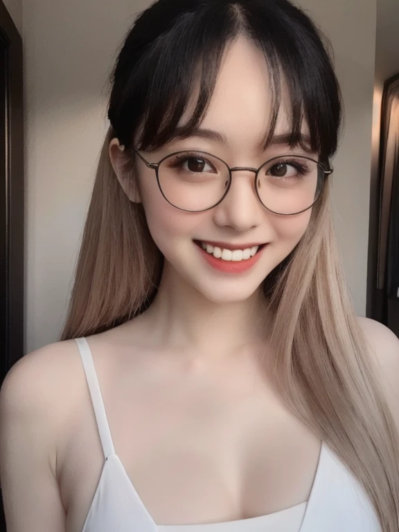 (realistic、masterpiece、Best Quality、8K、highres、high resolution:1.3)、1 glasses girl、smile, Huge breasts、white bikini、pale white skin、looking at viewers、super fine face and eyes、long hair、indoor、 upper body、