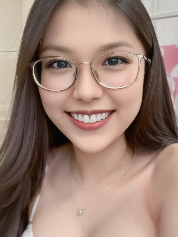 (realistic、masterpiece、Best Quality、8K、highres、high resolution:1.3)、1 glasses girl、Huge breasts、smile, white bikini、smile, pale white skin、looking at viewers、super fine face and eyes、long hair、indoor、 upper body、