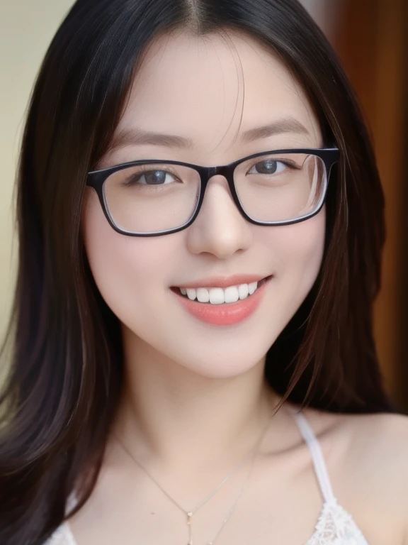 (realistic、masterpiece、Best Quality、8K、highres、high resolution:1.3)、1 glasses girl、smile, Huge breasts、white bikini、pale white skin、looking at viewers、super fine face and eyes、long hair、indoor、 upper body、