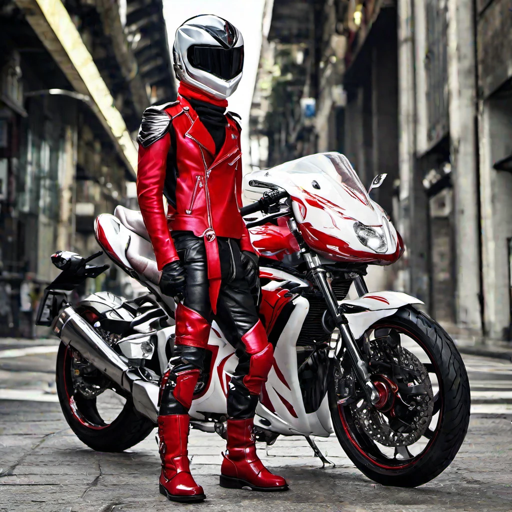 (masterpiece, best quality:1.2), 1boy, solo, helmet, white belt, leather suit, leather pants, gloves, boots, red scarf, motorcycle, kamen rider,