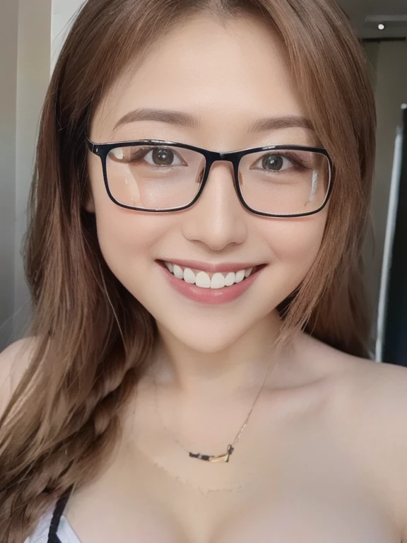 (realistic、masterpiece、Best Quality、8K、highres、high resolution:1.3)、1 glasses girl、smile, Huge 、white bikini、pale white skin、looking at viewers、super fine face and eyes、long black hair、indoor、 upper body、