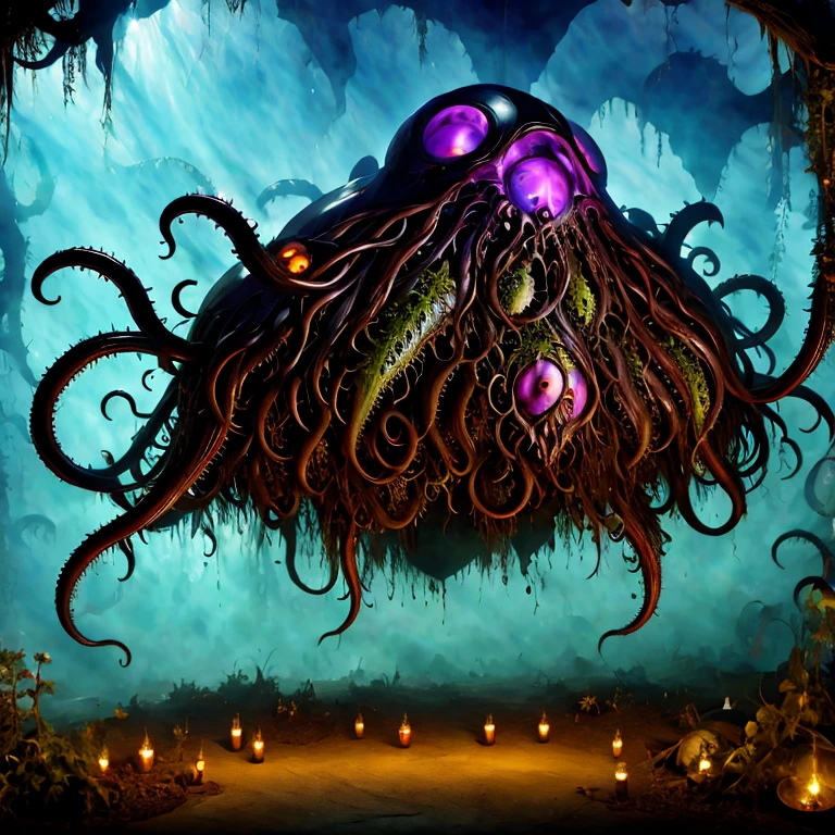 (masterpiece, best quality:1.2), Hell garden, horror world, nightmare plants, Magical plant from the abyss, the ghost flower, ghost flower, wine, forest，garden，terror, dynamic light, huge belly, flying belly, fat belly, gross fat belly in air, horror, tentacles, flesh blob, nightmare creature, eyes, array of eyes, lot of eyes