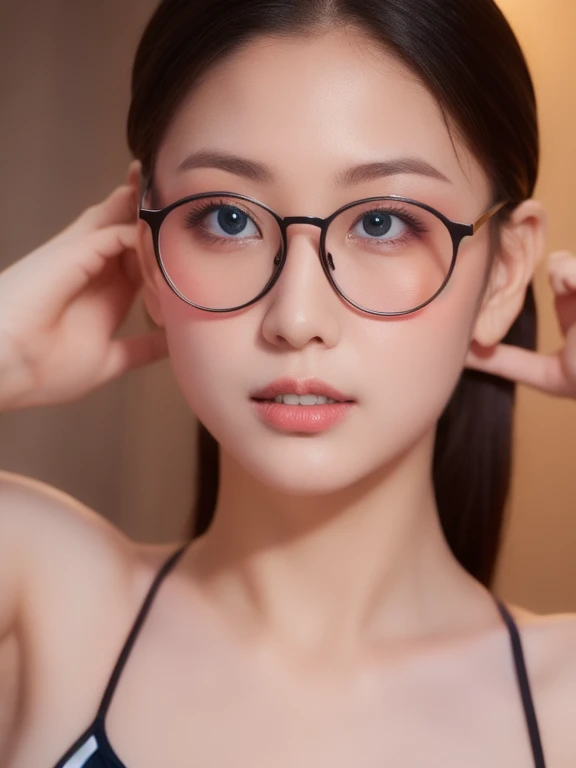 (realistic、masterpiece、Best Quality、8K、highres、high resolution:1.3)、1 glasses girl、Huge breasts、white bikini、pale white skin、looking at viewers、super fine face and eyes、long black hair、indoor、 upper body、