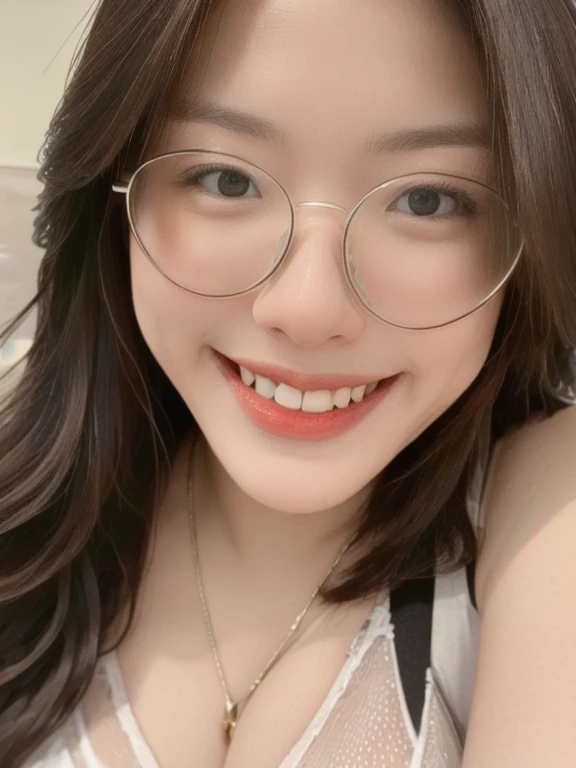 (realistic、masterpiece、Best Quality、8K、highres、high resolution:1.3)、1 glasses girl、Huge breasts、smile, white bikini、smile, pale white skin、looking at viewers、super fine face and eyes、long hair、indoor、 upper body、