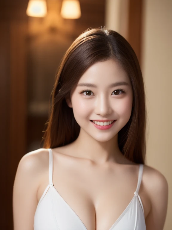 (realistic、masterpiece、Best Quality、8K、highres、high resolution:1.3)、1 glasses girl、Huge breasts、smile, white bikini、pale white skin、looking at viewers、super fine face and eyes、long hair、indoor、 upper body、