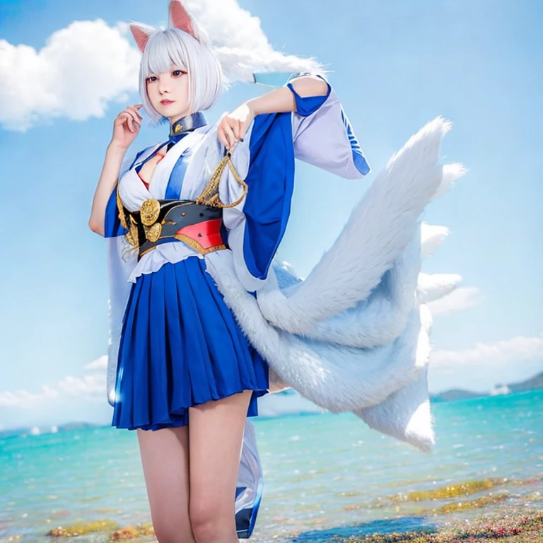 (masterpiece, best quality:1.2), 1girl, solo,1 girl, Kaga (Azur Lane), Saint anding, upper body, Japanese clothes, (revealing clothes: 1.3), scenery,, sea, highest quality, ultra high resolution,