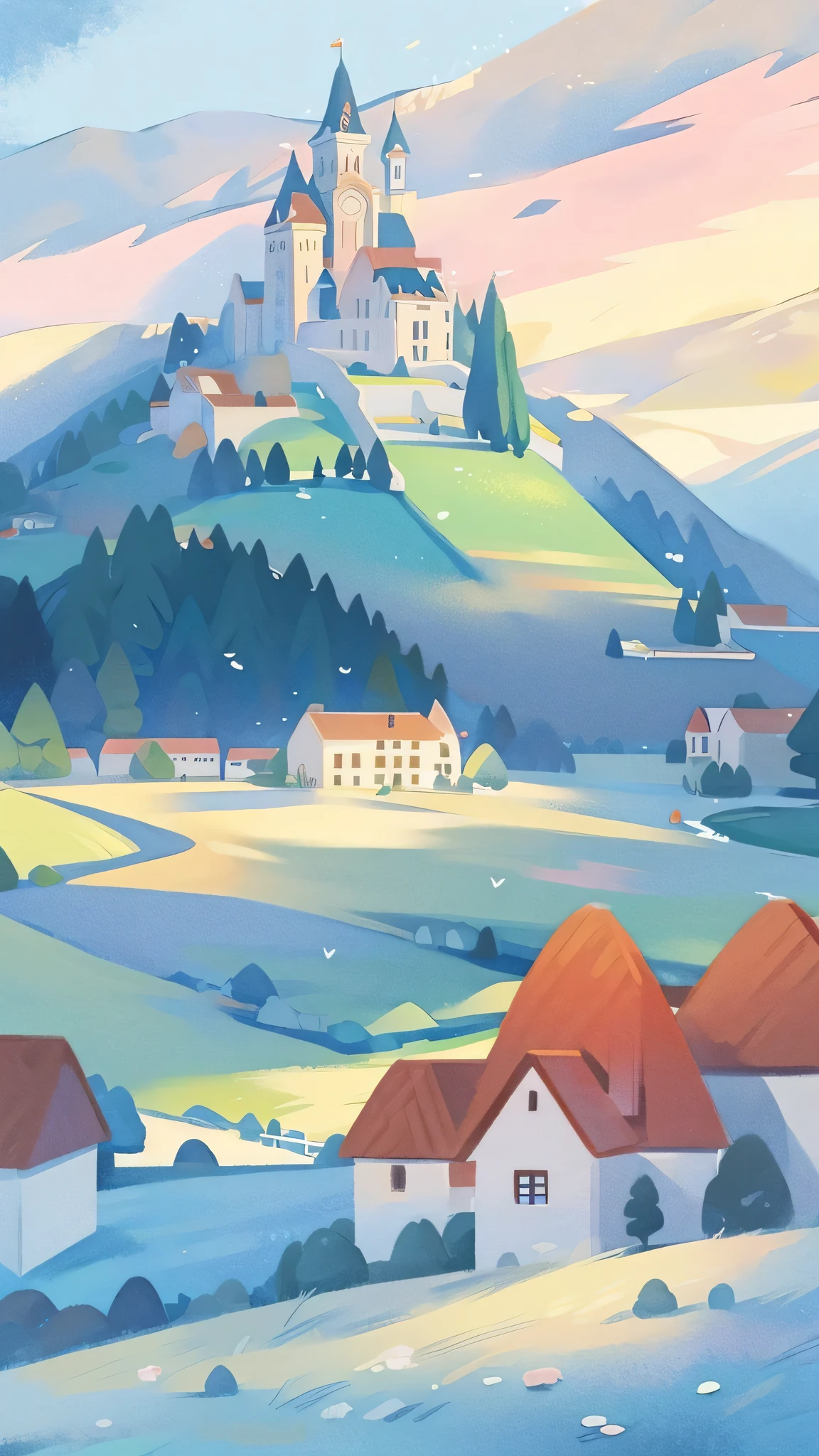 ((picture book illustration)), Fantasy landscape, watercolor illustration, whimsical, warm color, Fairytale castles and villages, ((Princess Castle)), Fairytale medieval style house architecture)), Highly detailed environment