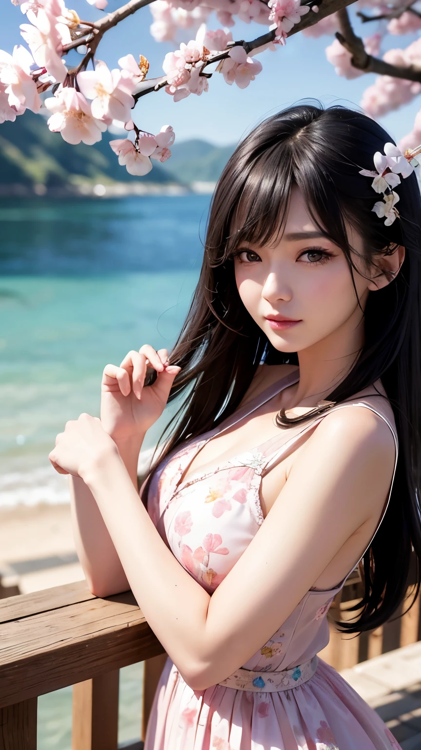 (logo、masterpiece、8K、table top、Raw photo、wonderful、最high quality、フォトリアリスティックでvery detailedな CG 統合 8k 壁紙、high quality、very detailed、narrative poem、particle effects、dynamic effects、Depth of the bounds written、cinematic light、Lens flare、ray tracing)、fantasy、 (1 beautiful woman、dress、dress、cherry blossom pattern、black haired、beautiful face、real face、beautiful details eyes beautiful skin)、髪がWindで踊る、Hair flutters in Wind、hair bounces、pink cherry tree、petals dance、SakuraFubuki、Spectacular view、sunrise、sun on background、Wind、