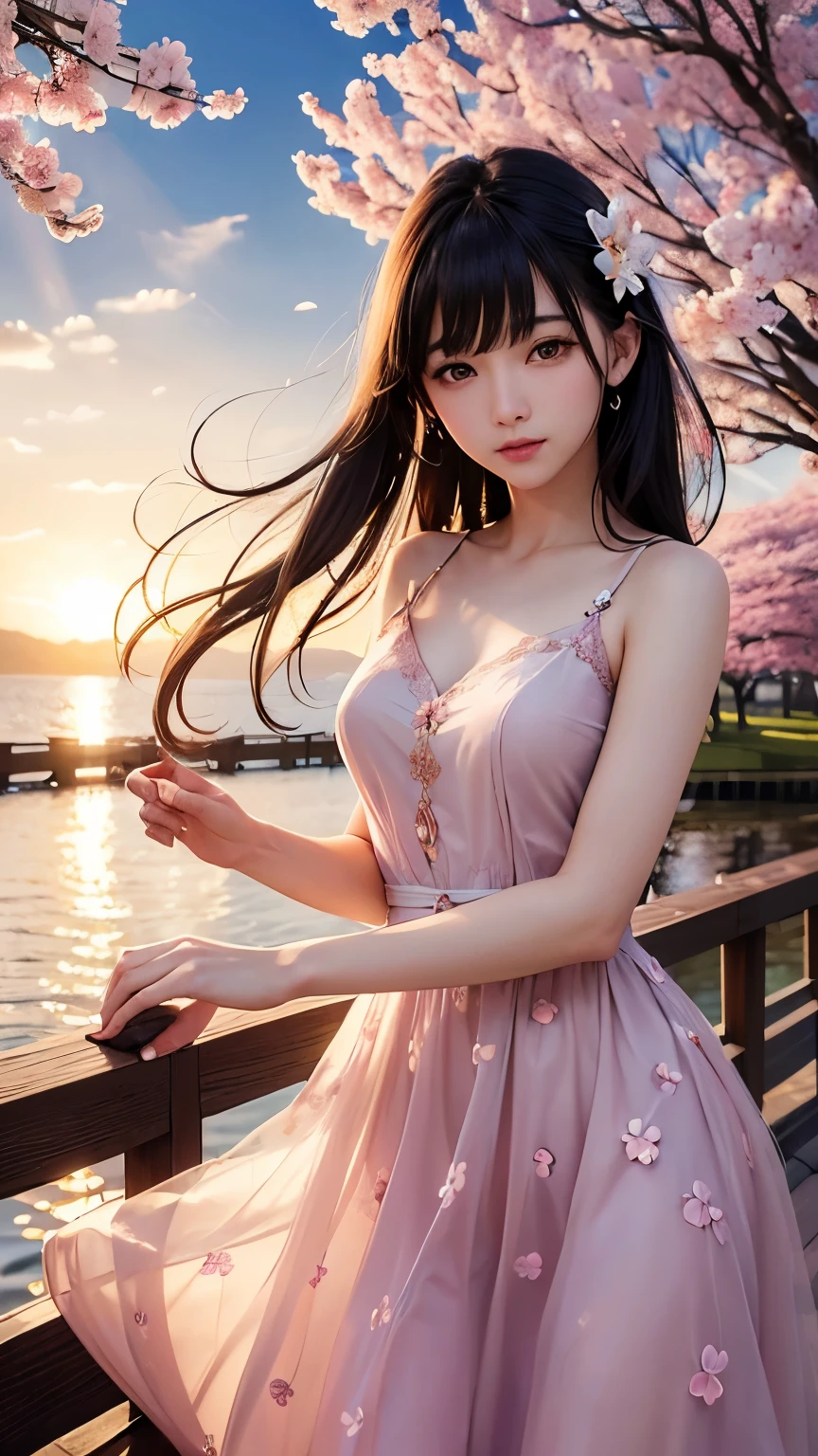 (logo、masterpiece、8K、table top、Raw photo、wonderful、最high quality、フォトリアリスティックでvery detailedな CG 統合 8k 壁紙、high quality、very detailed、narrative poem、particle effects、dynamic effects、Depth of the bounds written、cinematic light、Lens flare、ray tracing)、fantasy、 (1 beautiful woman、dress、dress、cherry blossom pattern、black haired、beautiful face、real face、beautiful details eyes beautiful skin)、髪がWindで踊る、Hair flutters in Wind、hair bounces、pink cherry tree、petals dance、SakuraFubuki、Spectacular view、sunrise、sun on background、Wind、
