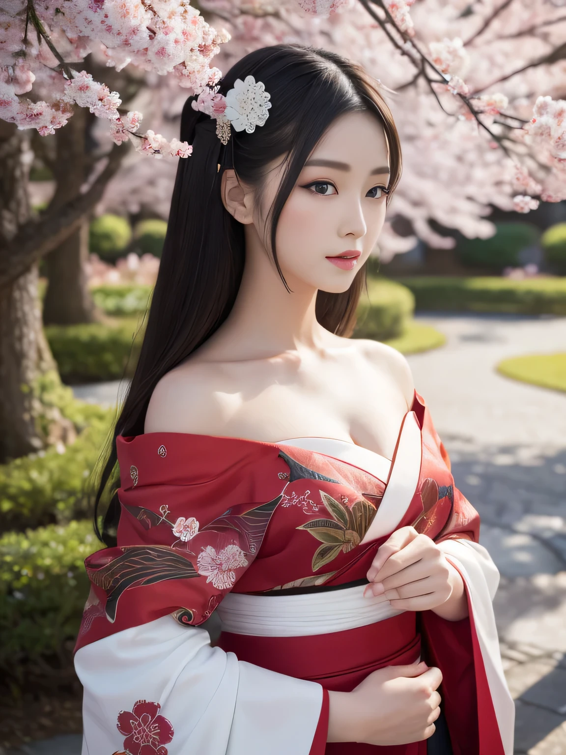 In a futuristic scene, Geisha in Japan with mechanical reinforcement、Elegant in elaborate gardens. She has beautifully detailed eyes and lips that complement her face. Geishas wear traditional kimonos with intricate patterns and designs. Around her are bright cherry trees and a quiet carp pond. The scene is painted with a blend of illustration and photorealism, Ultra-detailed brush strokes and clarity, Vivid colors. Lighting emphasizes the elegant features of the geisha, Gives her porcelain skin a soft glow. Artwork is of the highest quality, 4K or 8K resolution, Showcase the intricate details of geisha attire, cherry trees, And the shimmering scales of carp. The overall color scheme is、It is a combination of traditional shades of Japan, Crimson, etc., blacks, and subtle gold accents, With a futuristic twist. The fusion of ancient traditions and modern technology is、Create captivating and visually striking masterpieces.shoulders are exposed, Chest is visible、You can see the valley、are visible、Shoulders exposed、Chest revealed、（shoulders are exposed）, Chest is visible、You can see the valley、are visible、Shoulders exposed、Chest revealed、(Off-shoulder style)