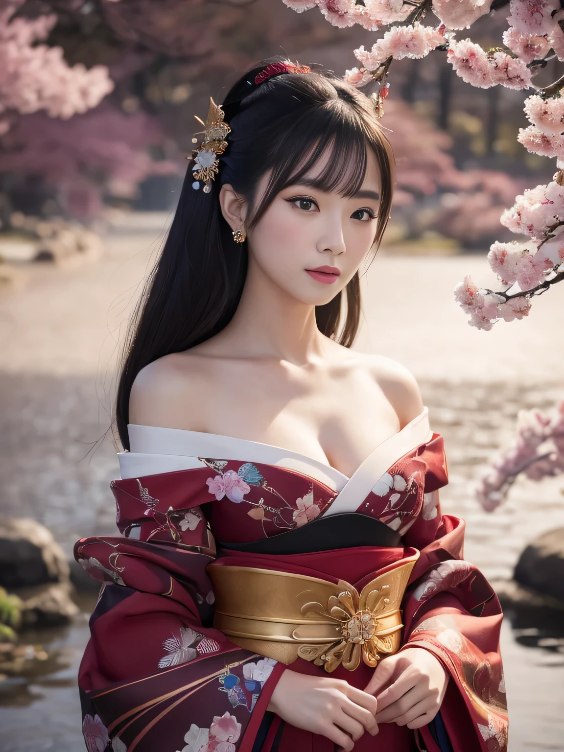 In a futuristic scene, Geisha in Japan with mechanical reinforcement、Elegant in elaborate gardens. She has beautifully detailed eyes and lips that complement her face. Geishas wear traditional kimonos with intricate patterns and designs. Around her are bright cherry trees and a quiet carp pond. The scene is painted with a blend of illustration and photorealism, Ultra-detailed brush strokes and clarity, Vivid colors. Lighting emphasizes the elegant features of the geisha, Gives her porcelain skin a soft glow. Artwork is of the highest quality, 4K or 8K resolution, Showcase the intricate details of geisha attire, cherry trees, And the shimmering scales of carp. The overall color scheme is、It is a combination of traditional shades of Japan, Crimson, etc., blacks, and subtle gold accents, With a futuristic twist. The fusion of ancient traditions and modern technology is、Create captivating and visually striking masterpieces.shoulders are exposed, Chest is visible、You can see the valley、are visible、Shoulders exposed、Chest revealed、（shoulders are exposed）, Chest is visible、You can see the valley、are visible、Shoulders exposed、Chest revealed、(Off-shoulder style)