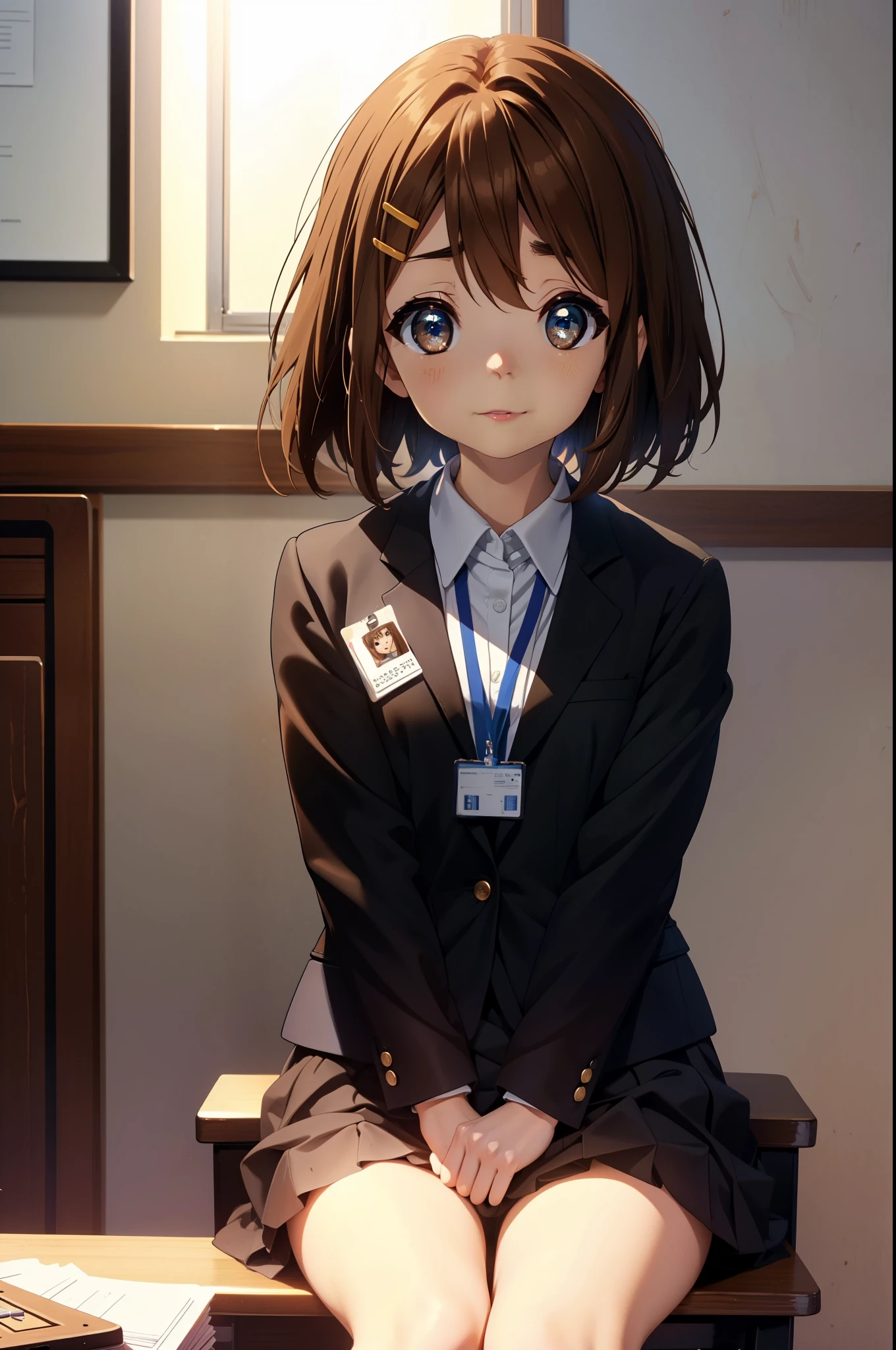 yuihirasawa, yui hirasawa, short hair, brown hair, hair ornaments, (brown eyes:1.5), hair clip、OL, Black Abyss glasses, end, black suit jacket, collared jacket, white dress shirt, collared shirt, neckline, button, strap, ID card on neck, black pencil skirt, black pantyhose, stiletto heels,sitting cross-legged on a chair,There is a computer on the desk.,smile, blush, 視聴者を見ている
break indoors, classroom,
break looking at viewer, (cowboy shot:1.5),
break (masterpiece:1.2), highest quality, High resolution, unity 8k wallpaper, (figure:0.8), (detailed and beautiful eyes:1.6), highly detailed face, perfect lighting, Very detailed CG, (perfect hands, perfect anatomy),