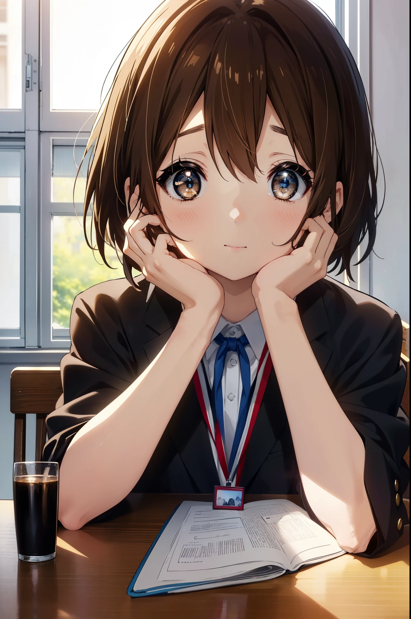 yuihirasawa, yui hirasawa, short hair, brown hair, hair ornaments, (brown eyes:1.5), hair clip、OL, Black Abyss glasses, end, black suit jacket, collared jacket, white dress shirt, collared shirt, neckline, button, strap, ID card on neck, black pencil skirt, black pantyhose, stiletto heels,sitting cross-legged on a chair,There is a computer on the desk.,smile, blush, 視聴者を見ている
break indoors, classroom,
break looking at viewer, (cowboy shot:1.5),
break (masterpiece:1.2), highest quality, High resolution, unity 8k wallpaper, (figure:0.8), (detailed and beautiful eyes:1.6), highly detailed face, perfect lighting, Very detailed CG, (perfect hands, perfect anatomy),