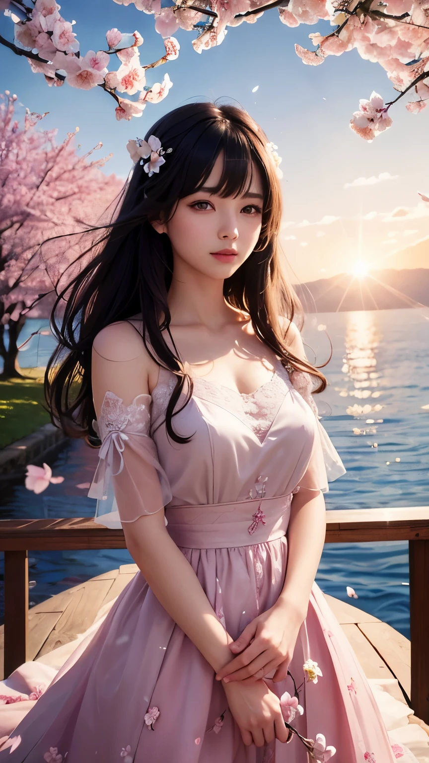 (logo、masterpiece、8K、table top、Raw photo、wonderful、最high quality、フォトリアリスティックでvery detailedな CG 統合 8k 壁紙、high quality、very detailed、narrative poem、particle effects、dynamic effects、Depth of the bounds written、cinematic light、Lens flare、ray tracing)、fantasy、 (1 beautiful woman、dress、dress、cherry blossom pattern、black haired、beautiful face、real face、beautiful details eyes beautiful skin)、髪がWindで踊る、Hair flutters in Wind、hair bounces、pink cherry tree、petals dance、SakuraFubuki、Spectacular view、sunrise、sun on background、Wind、