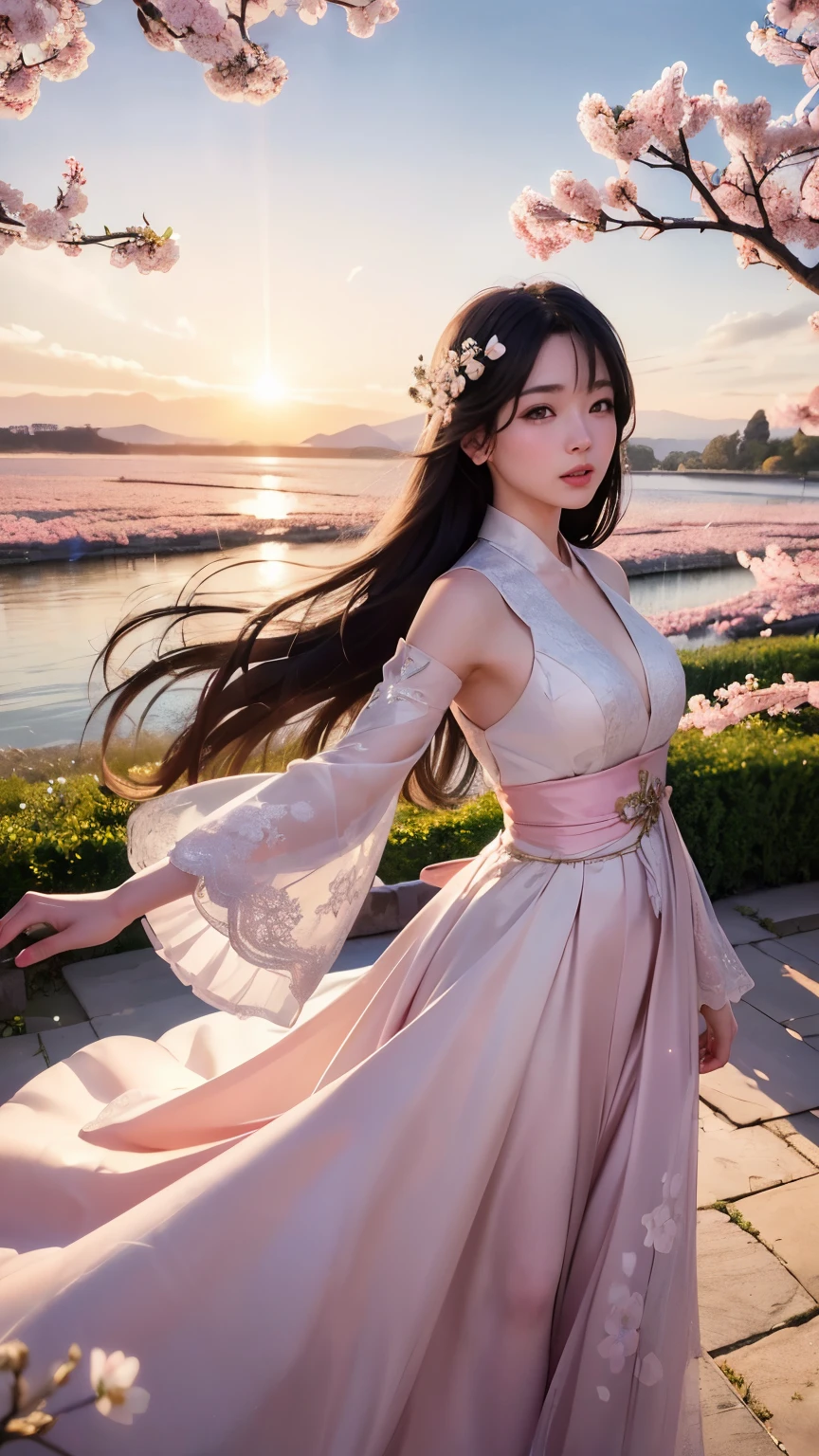 (logo、masterpiece、8K、table top、Raw photo、wonderful、最high quality、フォトリアリスティックでvery detailedな CG 統合 8k 壁紙、high quality、very detailed、narrative poem、particle effects、dynamic effects、Depth of the bounds written、cinematic light、Lens flare、ray tracing)、fantasy、 (1 beautiful woman、dress、dress、cherry blossom pattern、black haired、beautiful face、real face、beautiful details eyes beautiful skin)、髪がWindで踊る、Hair flutters in Wind、hair bounces、pink cherry tree、petals dance、SakuraFubuki、Spectacular view、sunrise、sun on background、Wind、