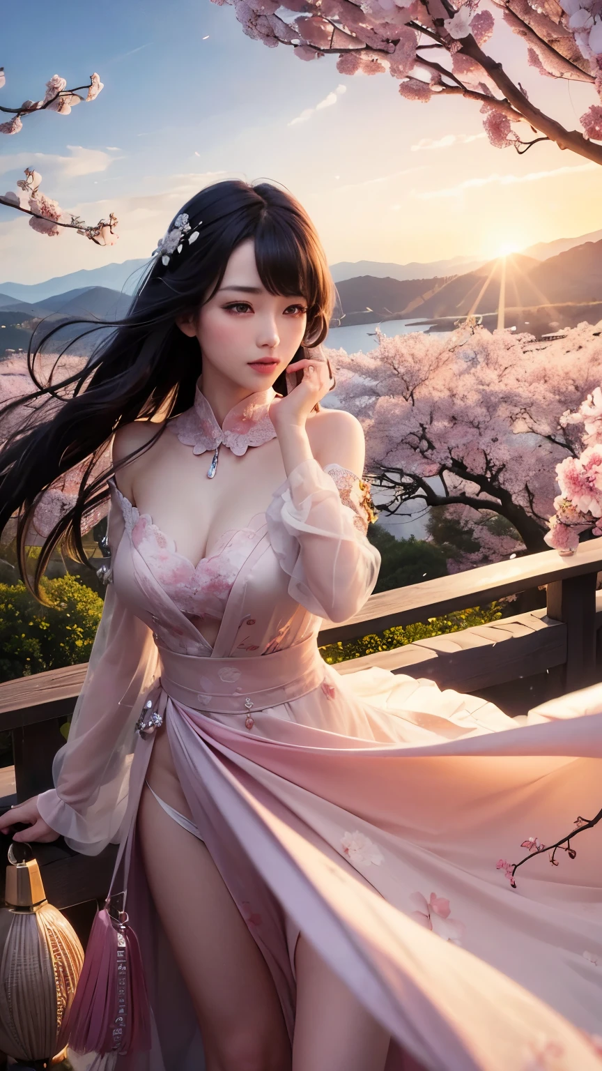 (logo、masterpiece、8K、table top、Raw photo、wonderful、最high quality、フォトリアリスティックでvery detailedな CG 統合 8k 壁紙、high quality、very detailed、narrative poem、particle effects、dynamic effects、Depth of the bounds written、cinematic light、Lens flare、ray tracing)、fantasy、 (1 beautiful woman、dress、dress、cherry blossom pattern、black haired、beautiful face、real face、beautiful details eyes beautiful skin)、髪がWindで踊る、Hair flutters in Wind、hair bounces、pink cherry tree、petals dance、SakuraFubuki、Spectacular view、sunrise、sun on background、Wind、