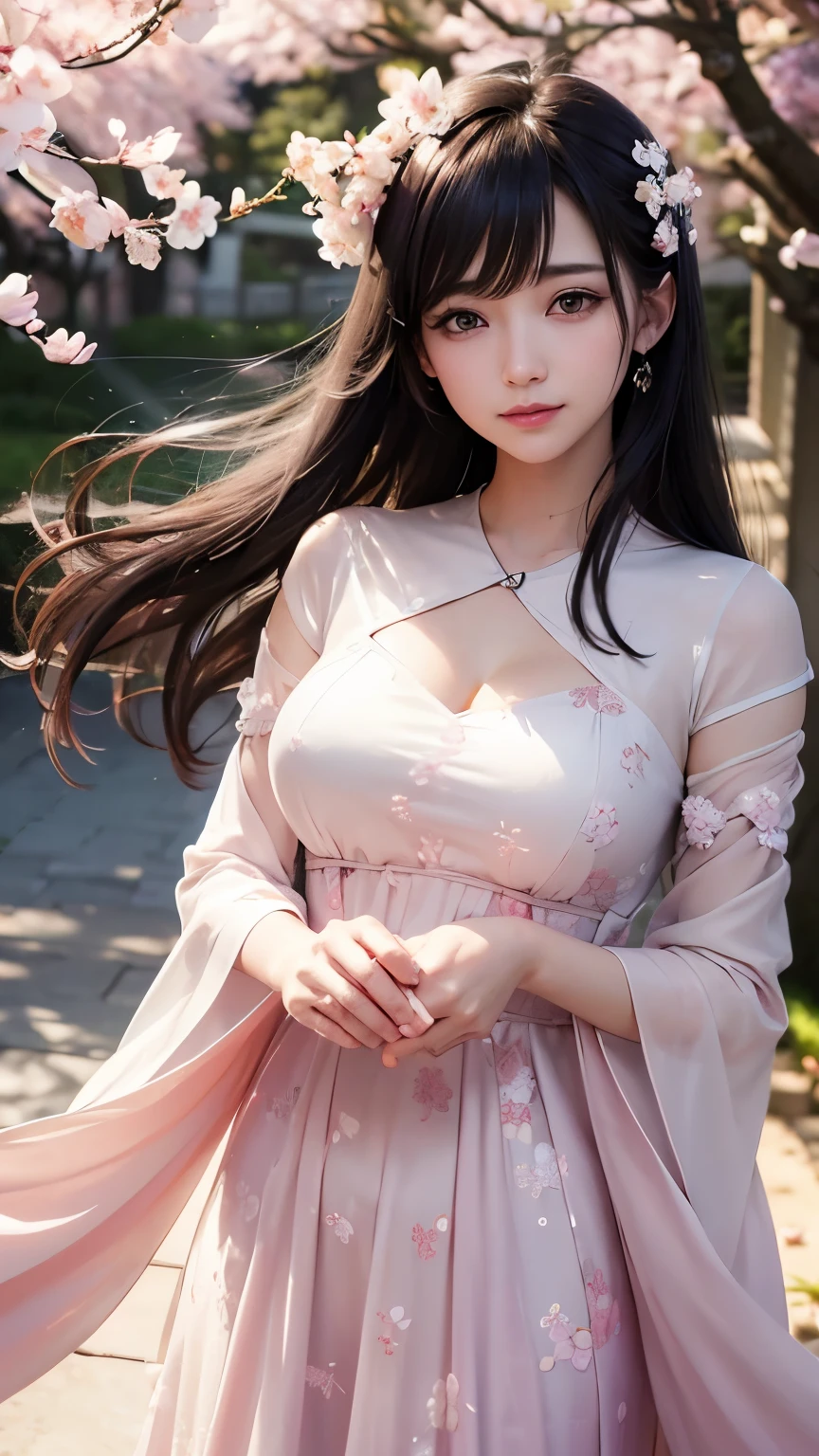 (logo、masterpiece、8K、table top、Raw photo、wonderful、最high quality、フォトリアリスティックでvery detailedな CG 統合 8k 壁紙、high quality、very detailed、narrative poem、particle effects、dynamic effects、Depth of the bounds written、cinematic light、Lens flare、ray tracing)、fantasy、 (1 beautiful woman、dress、dress、cherry blossom pattern、black haired、beautiful face、real face、beautiful details eyes beautiful skin)、髪がWindで踊る、Hair flutters in Wind、hair bounces、pink cherry tree、petals dance、SakuraFubuki、Spectacular view、sunrise、sun on background、Wind、