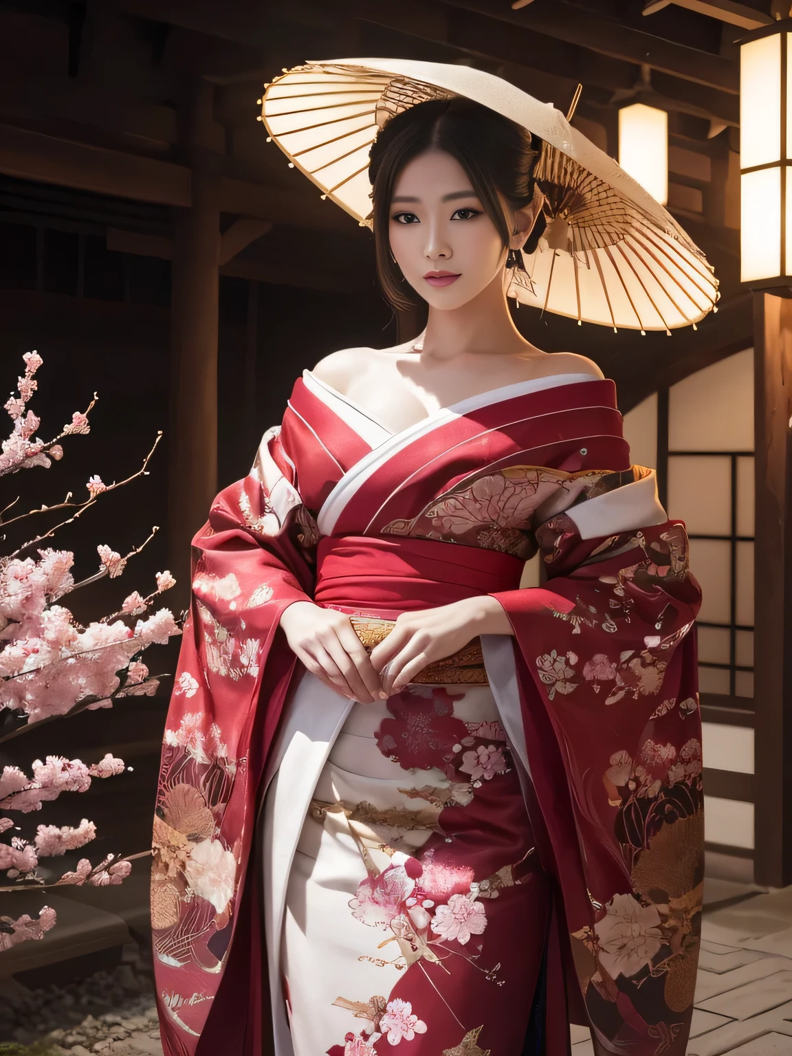 In a futuristic scene, Geisha in Japan with mechanical reinforcement、Elegant in elaborate gardens. She has beautifully detailed eyes and lips that complement her face. Geishas wear traditional kimonos with intricate patterns and designs. Around her are bright cherry trees and a quiet carp pond. The scene is painted with a blend of illustration and photorealism, Ultra-detailed brush strokes and clarity, Vivid colors. Lighting emphasizes the elegant features of the geisha, Gives her porcelain skin a soft glow. Artwork is of the highest quality, 4K or 8K resolution, Showcase the intricate details of geisha attire, cherry trees, And the shimmering scales of carp. The overall color scheme is、It is a combination of traditional shades of Japan, Crimson, etc., blacks, and subtle gold accents, With a futuristic twist. The fusion of ancient traditions and modern technology is、Create captivating and visually striking masterpieces.shoulders are exposed, Chest is visible、You can see the valley、are visible、Shoulders exposed、Chest revealed、(shoulders are exposed), Chest is visible、You can see the valley、are visible、Shoulders exposed、Chest revealed、(Off-shoulder style)