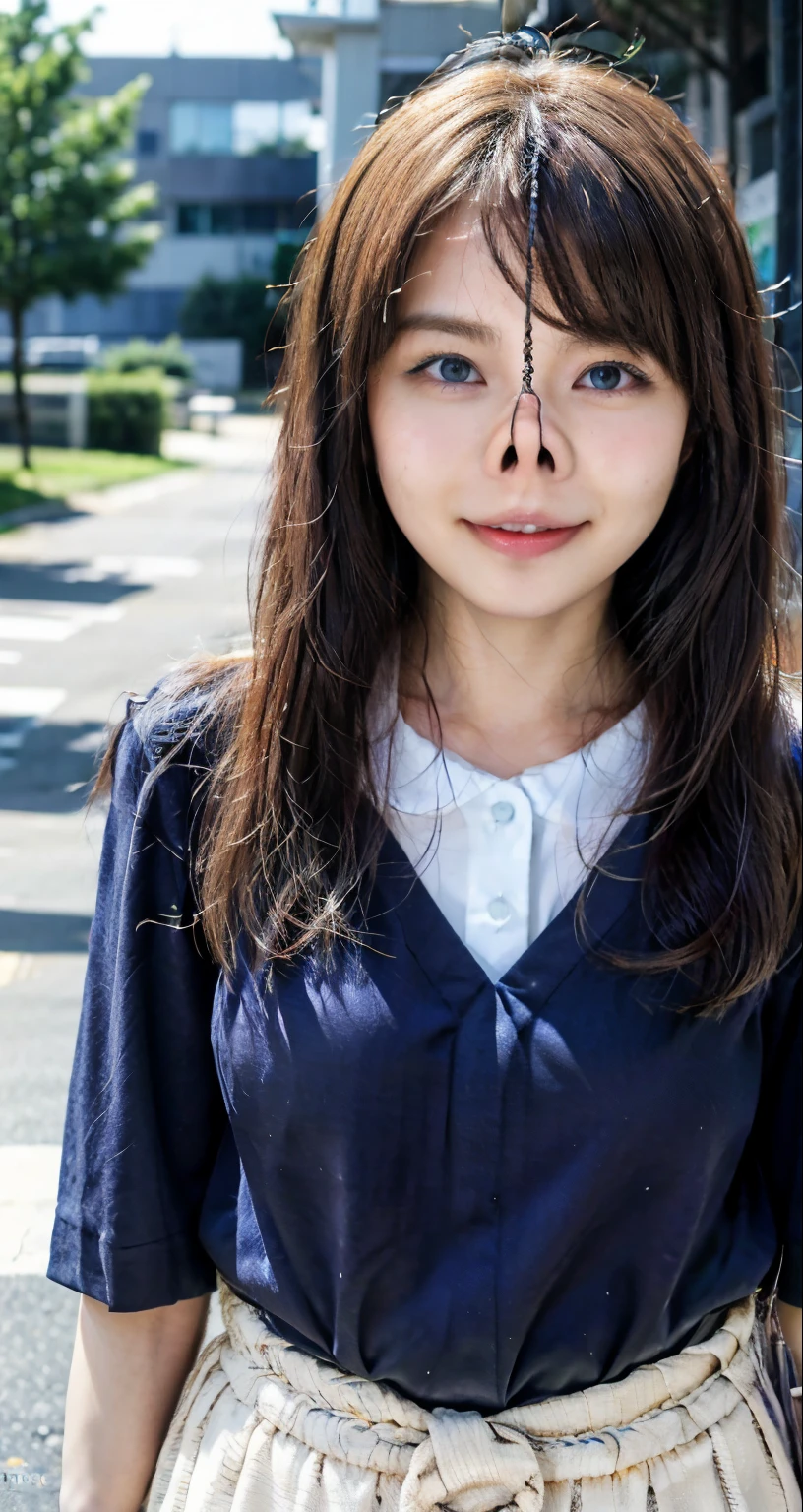 highest quality, masterpiece, ultra high resolution, (realistic:1.4), Raw photo, 1 girl, beautiful japanese,beautiful girl, beautiful skin, bangs, 19 years old,blue eyes,blush,happy laughter:1.2, casual outfit,street