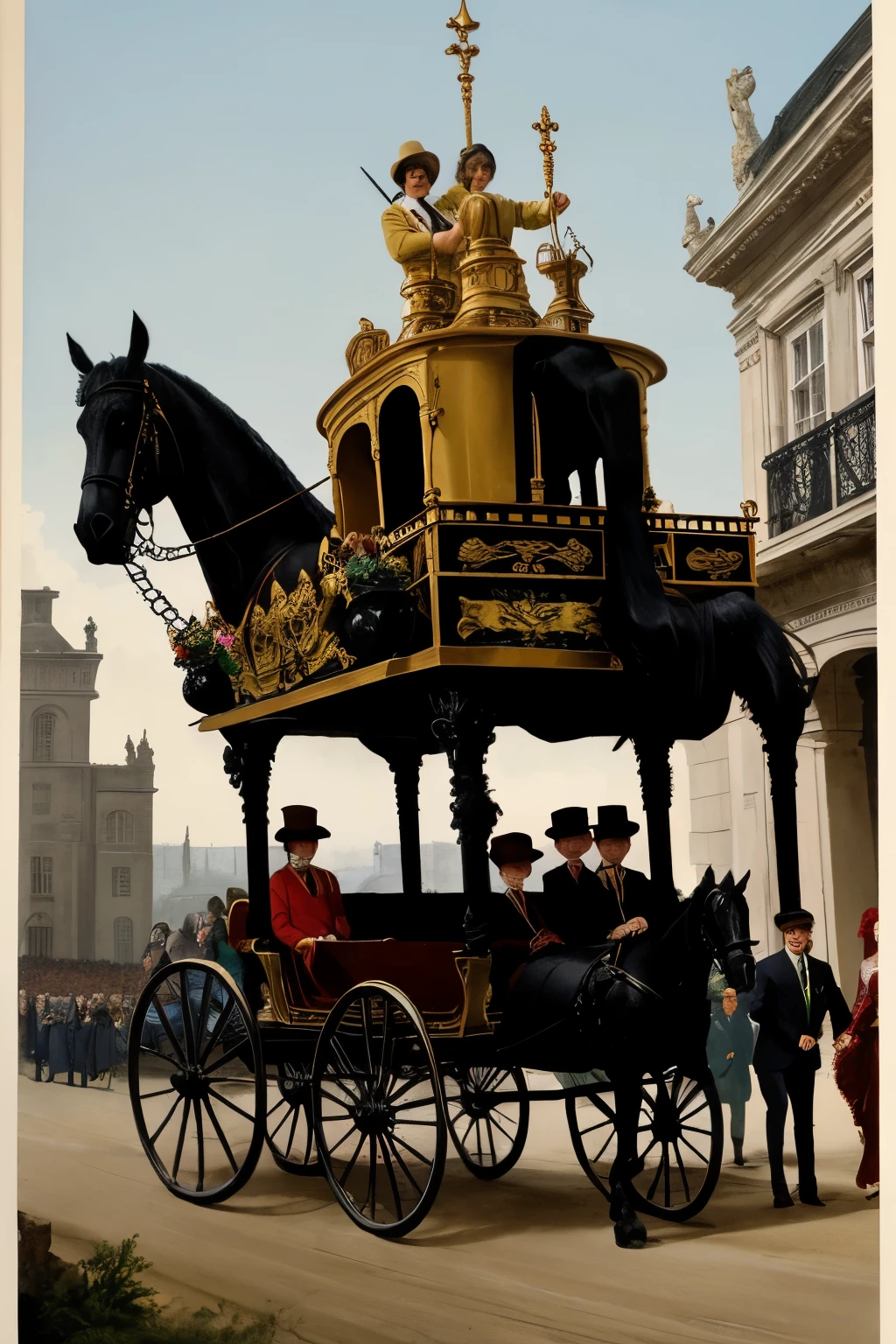 carriage being pulled by 10 people with demons on the top