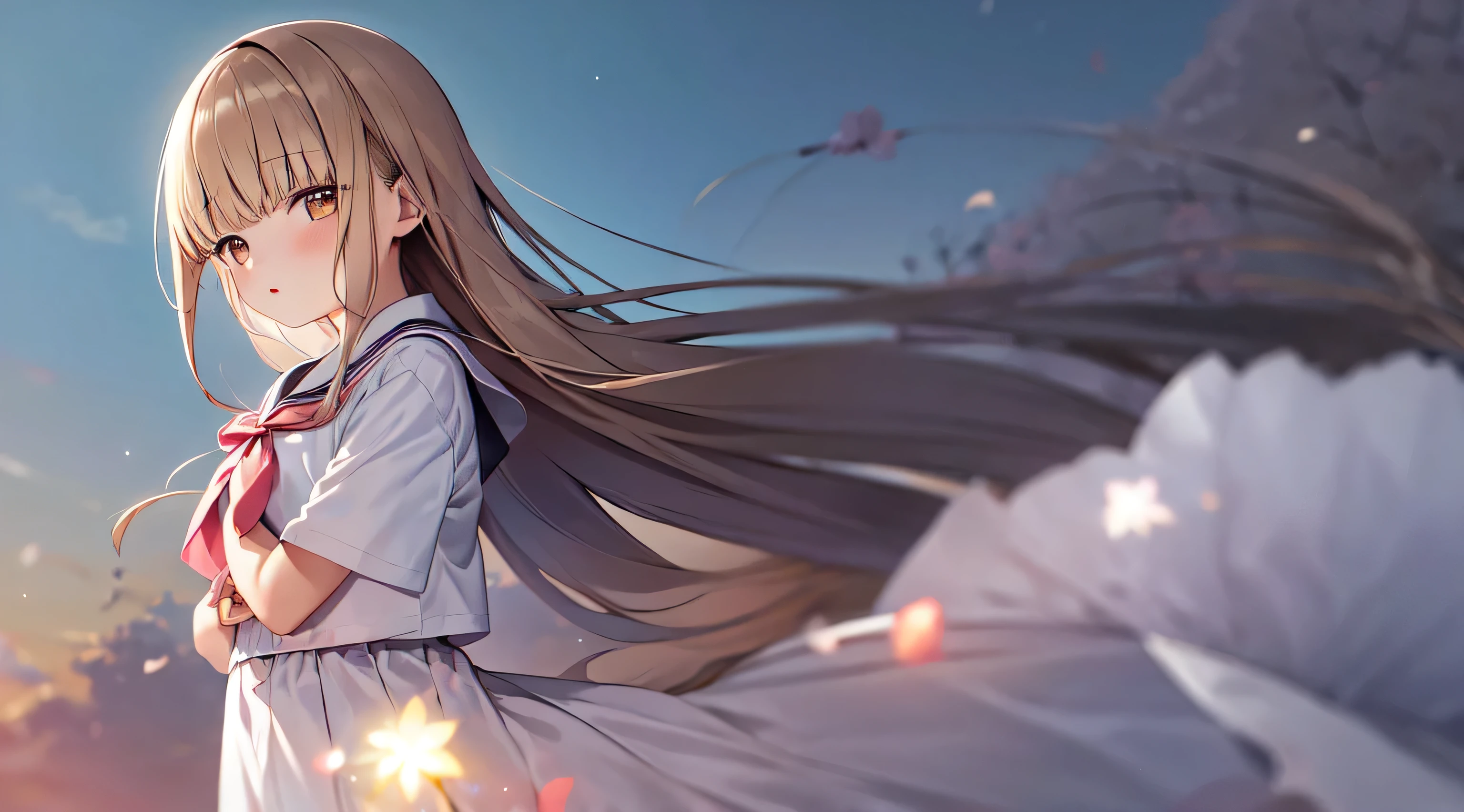 (masterpiece, highest quality),1 girl,I'm , Mahiru Shiina, alone, flower, outdoor, Letterboxed, , Day, null, look up, short sleeve, parted lips, shirt, cloud, Day光, white shirt, serafuku, Upper body, From the side, pink flower, blurry, blue null, written boundary depth