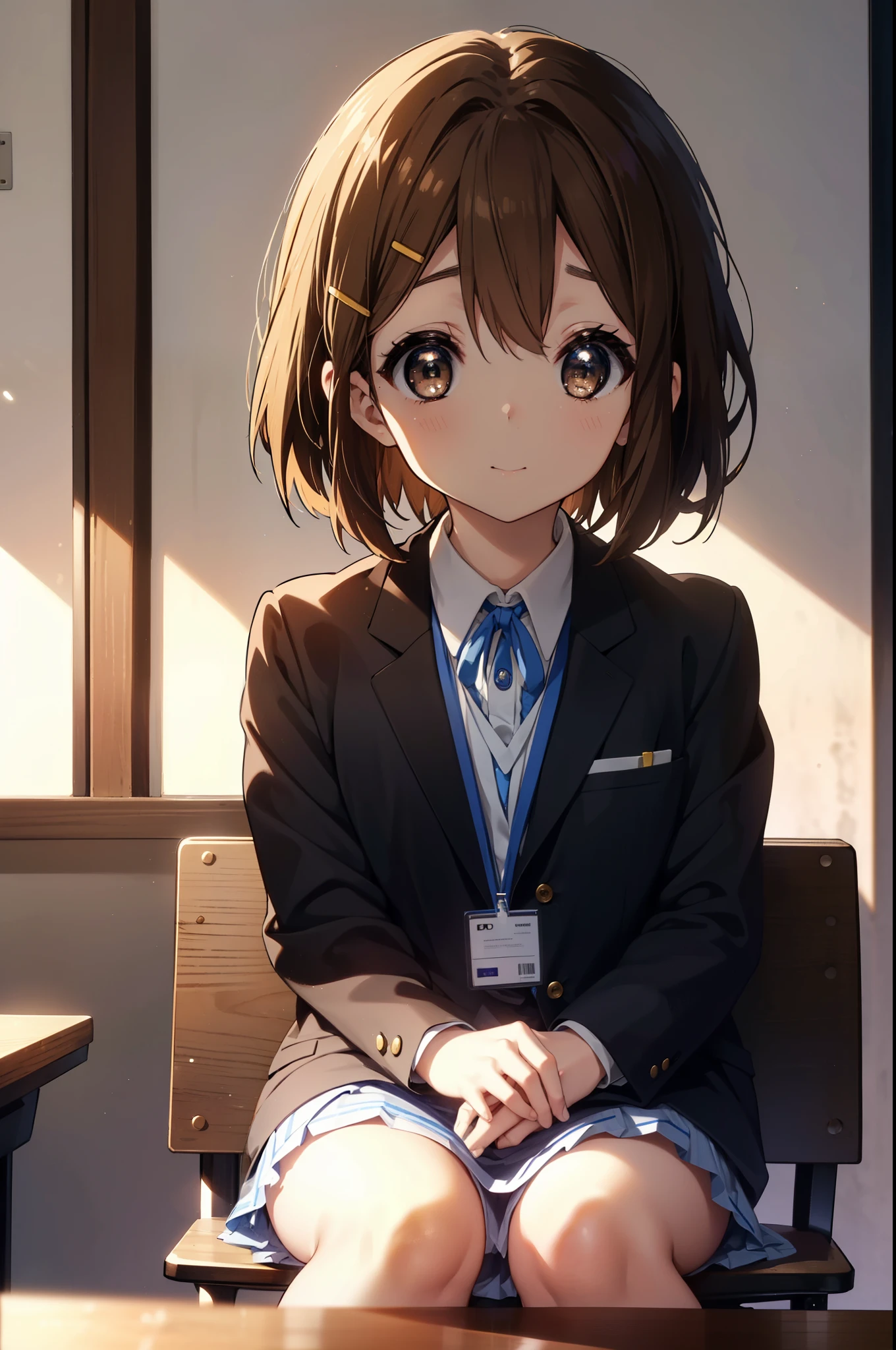 yuihirasawa, yui hirasawa, short hair, brown hair, hair ornaments, (brown eyes:1.5), hair clip、OL, Black Abyss glasses, end, black suit jacket, collared jacket, white dress shirt, collared shirt, neckline, button, strap, ID card on neck, black pencil skirt, black pantyhose, stiletto heels,sitting cross-legged on a chair,There is a computer on the desk.,smile, blush, 視聴者を見ている
break indoors, classroom,
break looking at viewer, (cowboy shot:1.5),
break (masterpiece:1.2), highest quality, High resolution, unity 8k wallpaper, (figure:0.8), (detailed and beautiful eyes:1.6), highly detailed face, perfect lighting, Very detailed CG, (perfect hands, perfect anatomy),