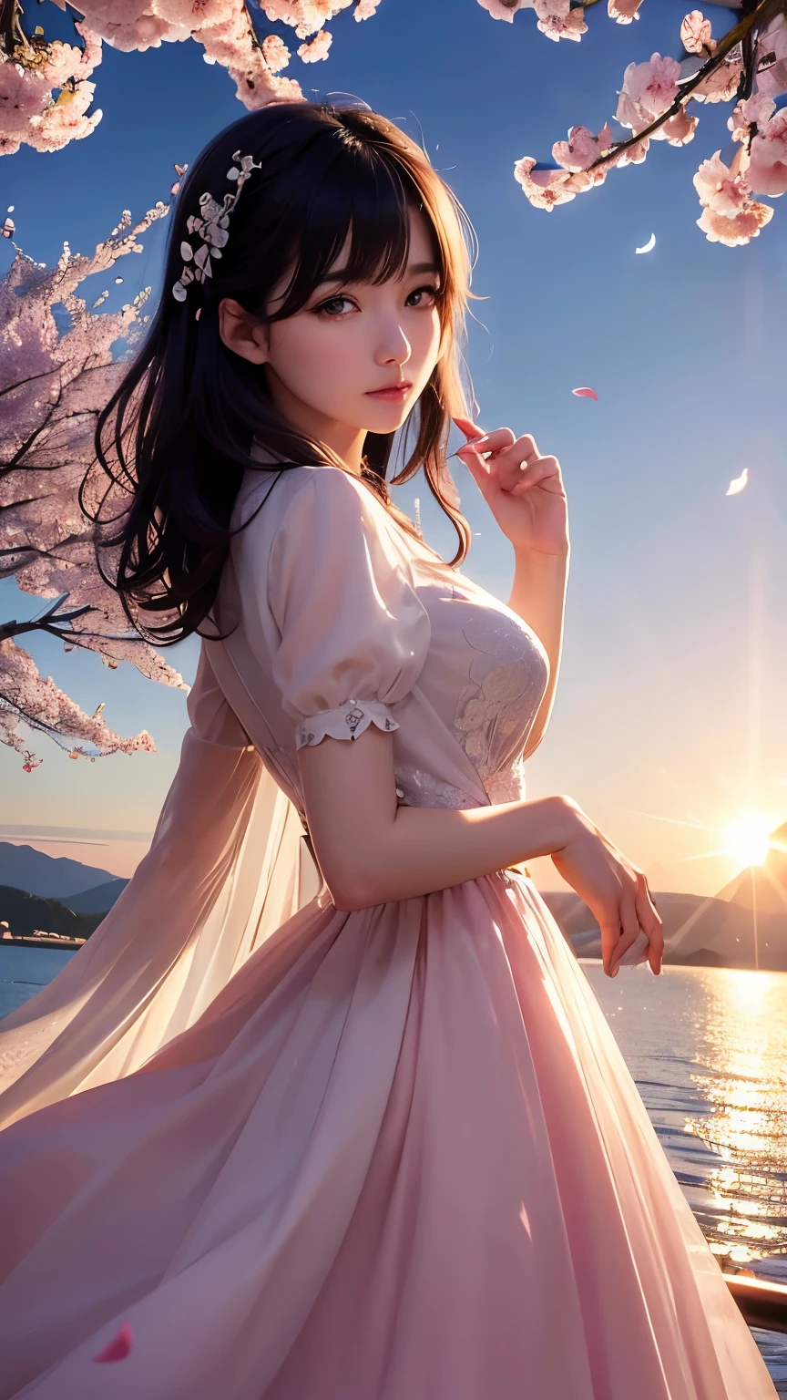 (logo、masterpiece、8K、table top、Raw photo、wonderful、最high quality、フォトリアリスティックでvery detailedな CG 統合 8k 壁紙、high quality、very detailed、narrative poem、particle effects、dynamic effects、Depth of the bounds written、cinematic light、Lens flare、ray tracing)、fantasy、 (1 beautiful woman、dress、dress、cherry blossom pattern、black haired、beautiful face、real face、beautiful details eyes beautiful skin)、髪がWindで踊る、Hair flutters in Wind、hair bounces、pink cherry tree、petals dance、SakuraFubuki、Spectacular view、sunrise、sun on background、Wind、