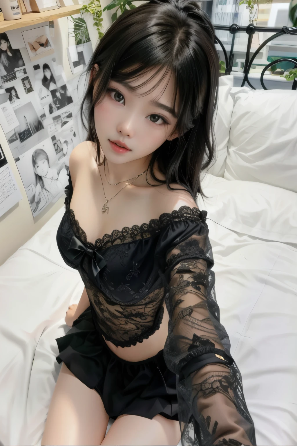 um close up de uma mulher em uma lingerie preta em uma cama, coreana, beautiful Asian, Asian, linda jovem coreana, Ulzzang, black bow, blusa preta, young Asian, young and linda garota, wings black bow wear, linda mulher sul-coreana, linda garota, por Yang J, desgaste de renda de asas, boa jovem