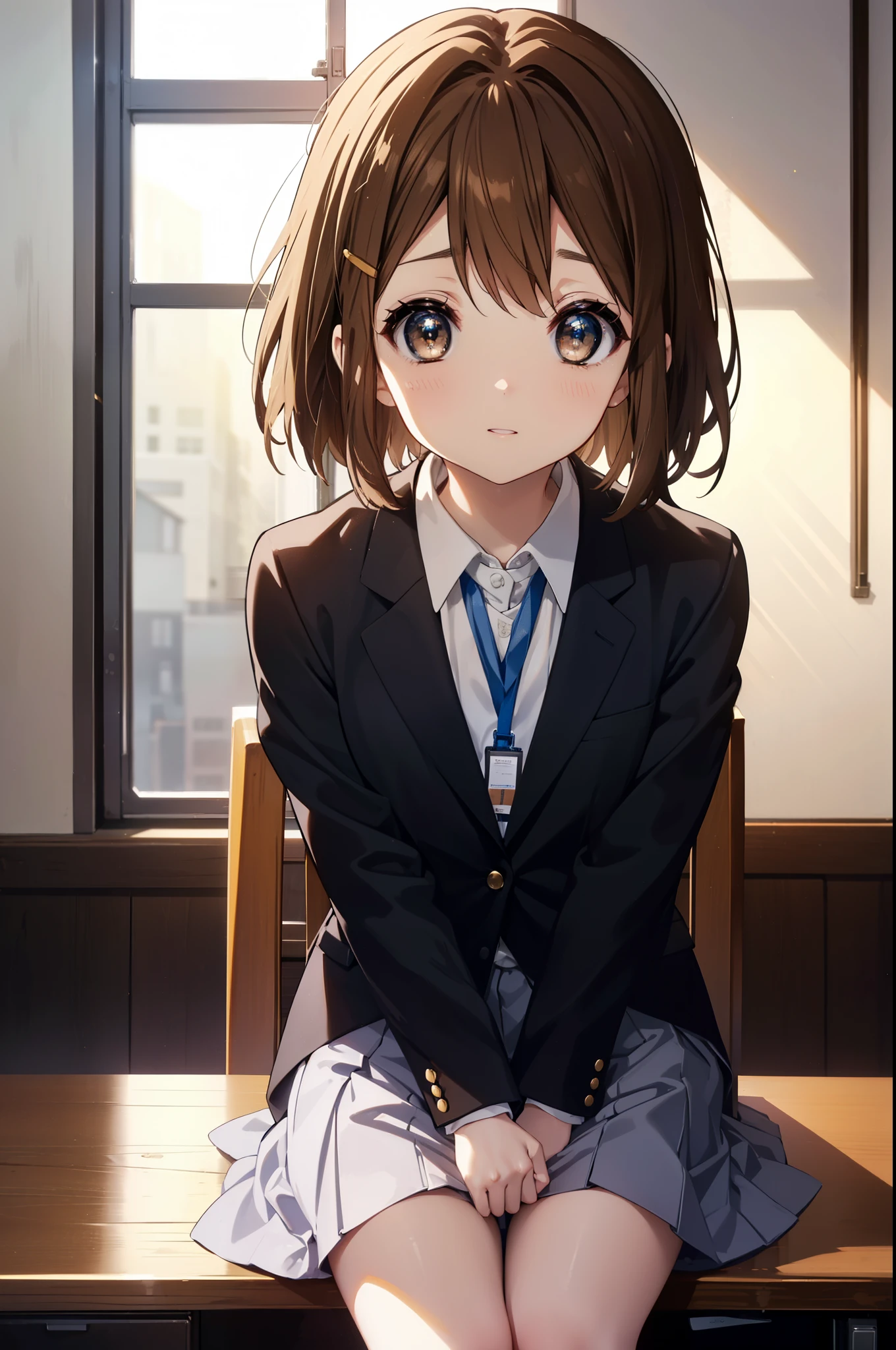 yuihirasawa, yui hirasawa, short hair, brown hair, hair ornaments, (brown eyes:1.5), hair clip、OL, Black Abyss glasses, end, black suit jacket, collared jacket, white dress shirt, collared shirt, neckline, button, strap, ID card on neck, black pencil skirt, black pantyhose, stiletto heels,sitting cross-legged on a chair,There is a computer on the desk.,smile, blush, 視聴者を見ている
break indoors, classroom,
break looking at viewer, (cowboy shot:1.5),
break (masterpiece:1.2), highest quality, High resolution, unity 8k wallpaper, (figure:0.8), (detailed and beautiful eyes:1.6), highly detailed face, perfect lighting, Very detailed CG, (perfect hands, perfect anatomy),