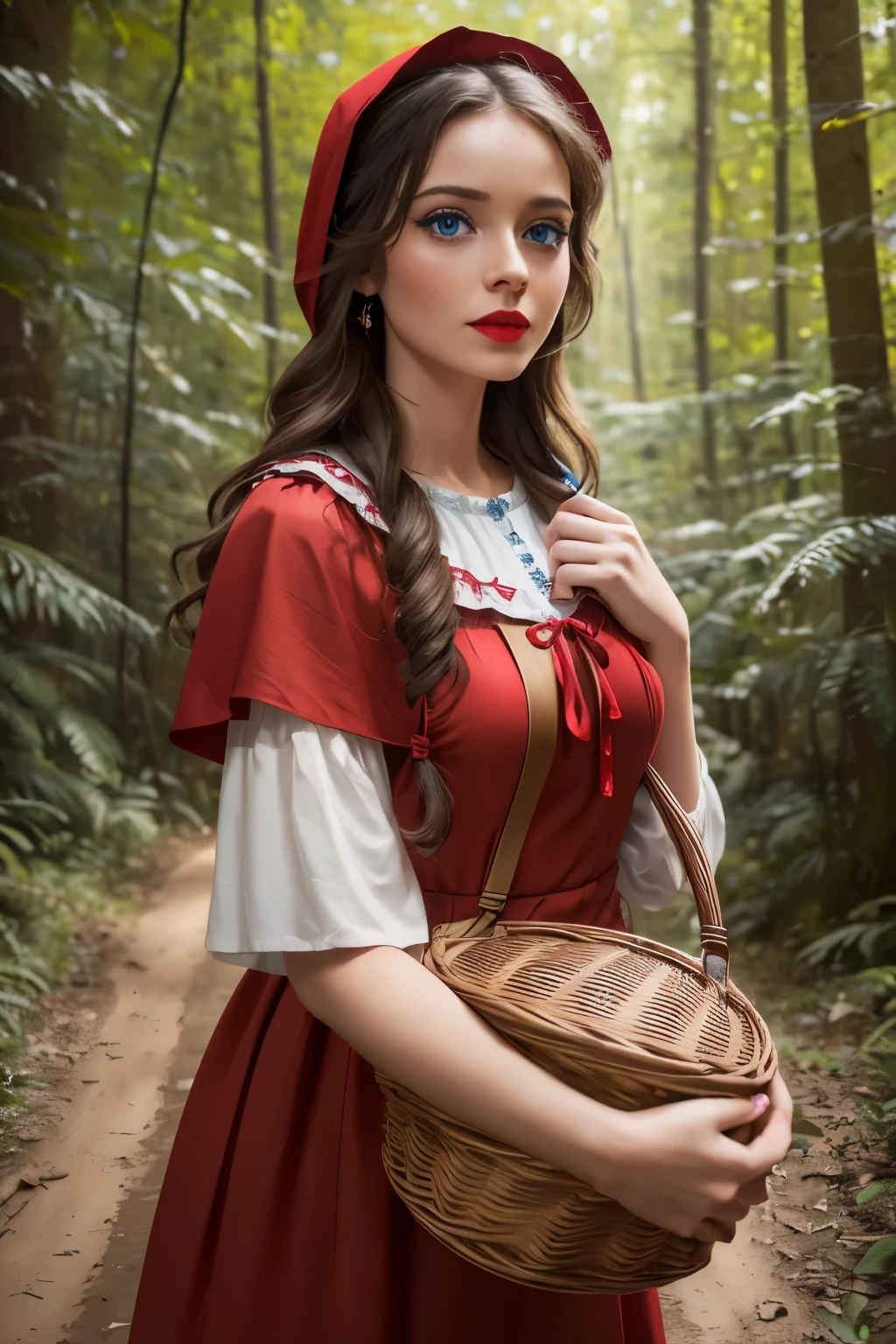 beautiful detailed girl with bright blue eyes, vibrant red lips,long curled eyelashes,carrying a basket:(best quality,4k,8k,highres,masterpiece:1.2),soft pastel,forest, in the woods as a sexy little red riding hood

