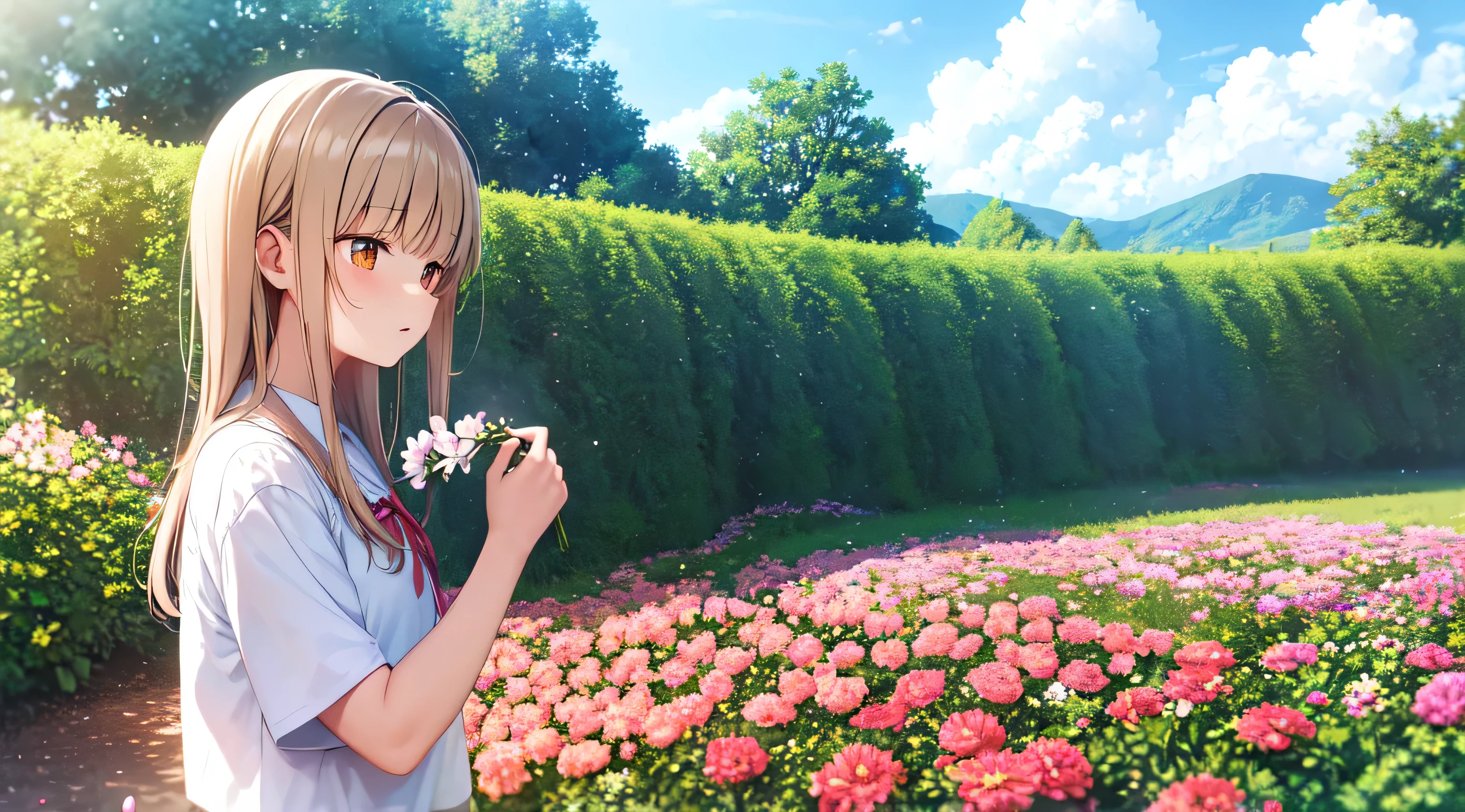 (masterpiece, highest quality),1 girl,13 years old, Mahiru Shiina, alone, flower, outdoor, Letterboxed, , Day, null, look up, short sleeve, parted lips, shirt, cloud, Day光, white shirt, serafuku, Upper body, From the side, pink flower, blurry, blue null, written boundary depth