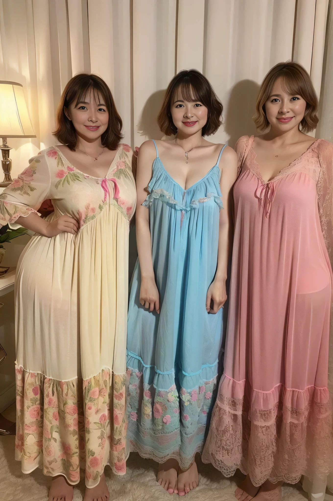 Three Women,Colorful see-through nightgown,See-through,thong,cleavage of the breast,bbw,stoop down,Large breasts,Smirk,a bed, extremely fine and beautiful,attractive mature lady,Adult Woman,japanes,​masterpiece,top-quality