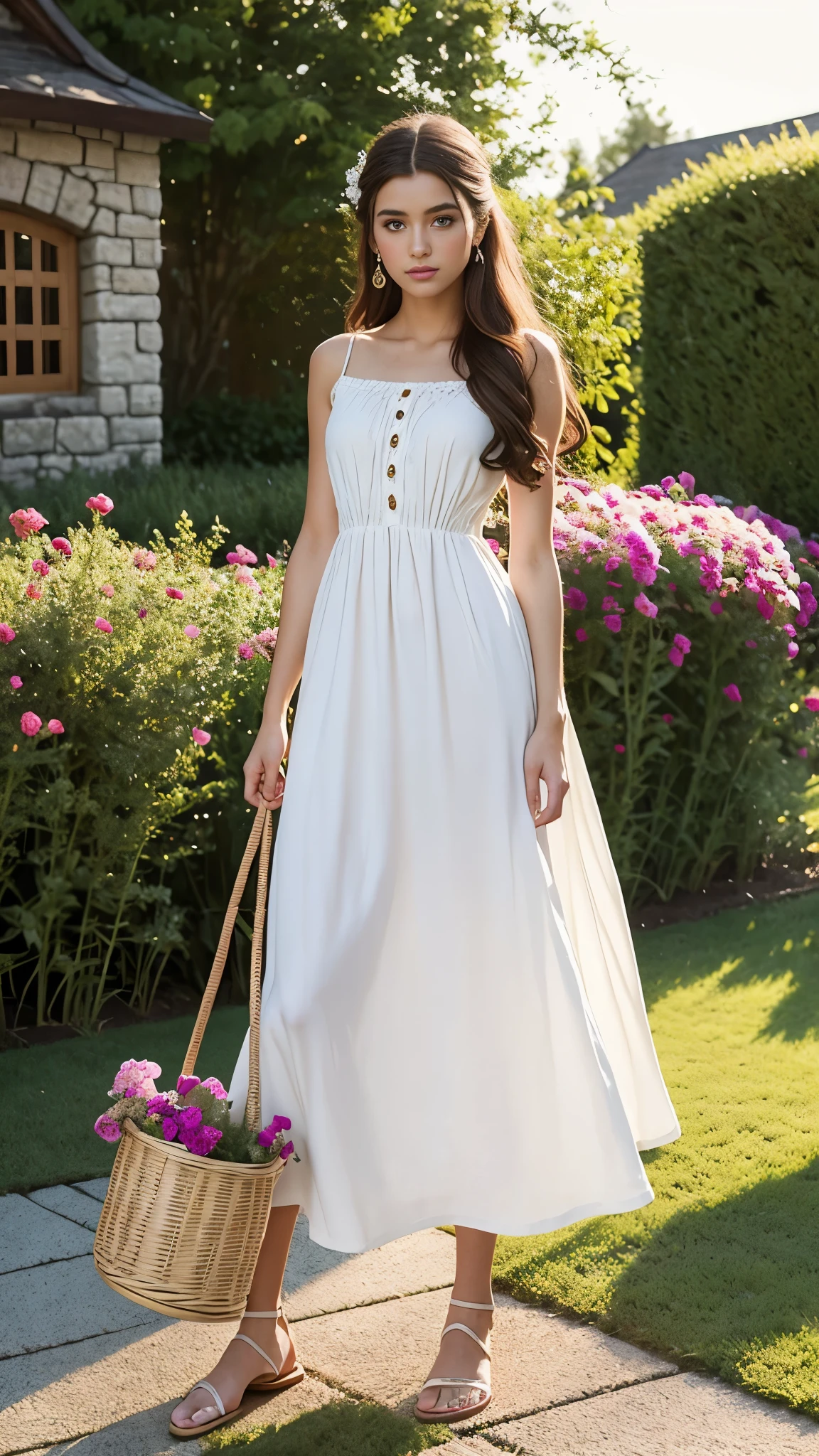 Full body shot,fantasy world,a man,small,delicate,long hair,fantasy style long house dress,sandals,standing,holding a basket,feminine and graceful pose,gentle expression,pouting lips,facing to viewer,garden background,facing to camera,body facing to camera,detailed face features,detailed dress,natural lighting
