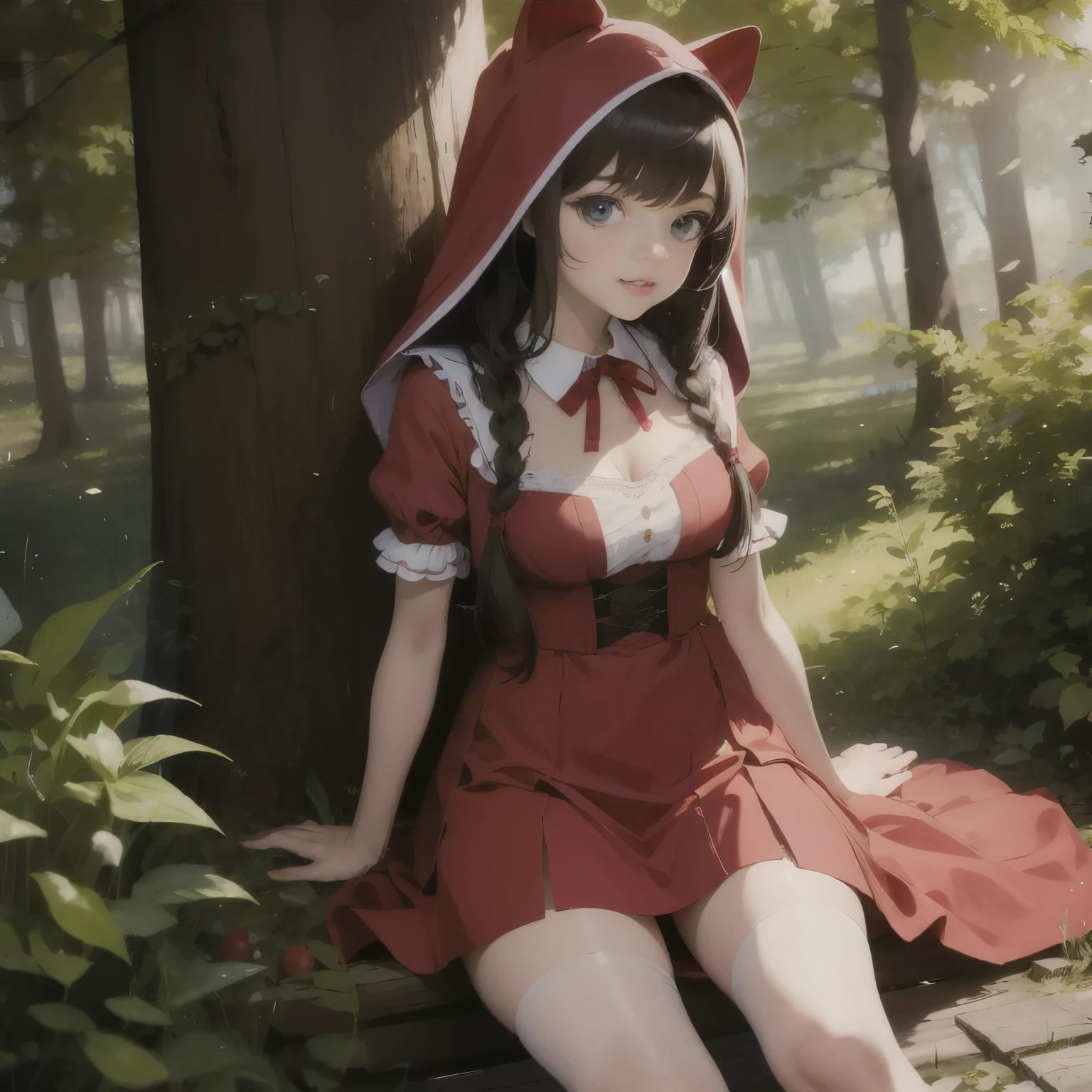 (best quality,4k,8k,highres,masterpiece:1.2),ultra-detailed,(realistic,photorealistic,photo-realistic:1.37),classic fairy tale,girl walking,enchanted deep forest,beautiful red cape,(innocent,kind-hearted) girl,shadowed woods,path leading to grandmother's house,little basket with food,cute and vibrant red hood,spooky atmosphere,misty morning,twisted trees,mysterious path,faint glimmer of sunlight peeking through trees,colorful autumn leaves,stunning background scenery,dark and suspenseful mood,illustration style,vivid colors,rays of sunlight shining through dense foliage,deep sense of solitude and adventure,gentle breeze rustling the leaves,subtle details of girl's facial expression and body language,adorable girl with bright eyes and rosy cheeks,curiosity and innocence in her gaze,building anticipation for grandmother's surprise,storybook-like atmosphere,warm and inviting glow from grandmother's house,cozy interior,artistic interpretation,nostalgic vibe,pencil sketch effect,soft and warm color palette,gentle watercolor strokes,creative use of light and shadow to evoke emotion.