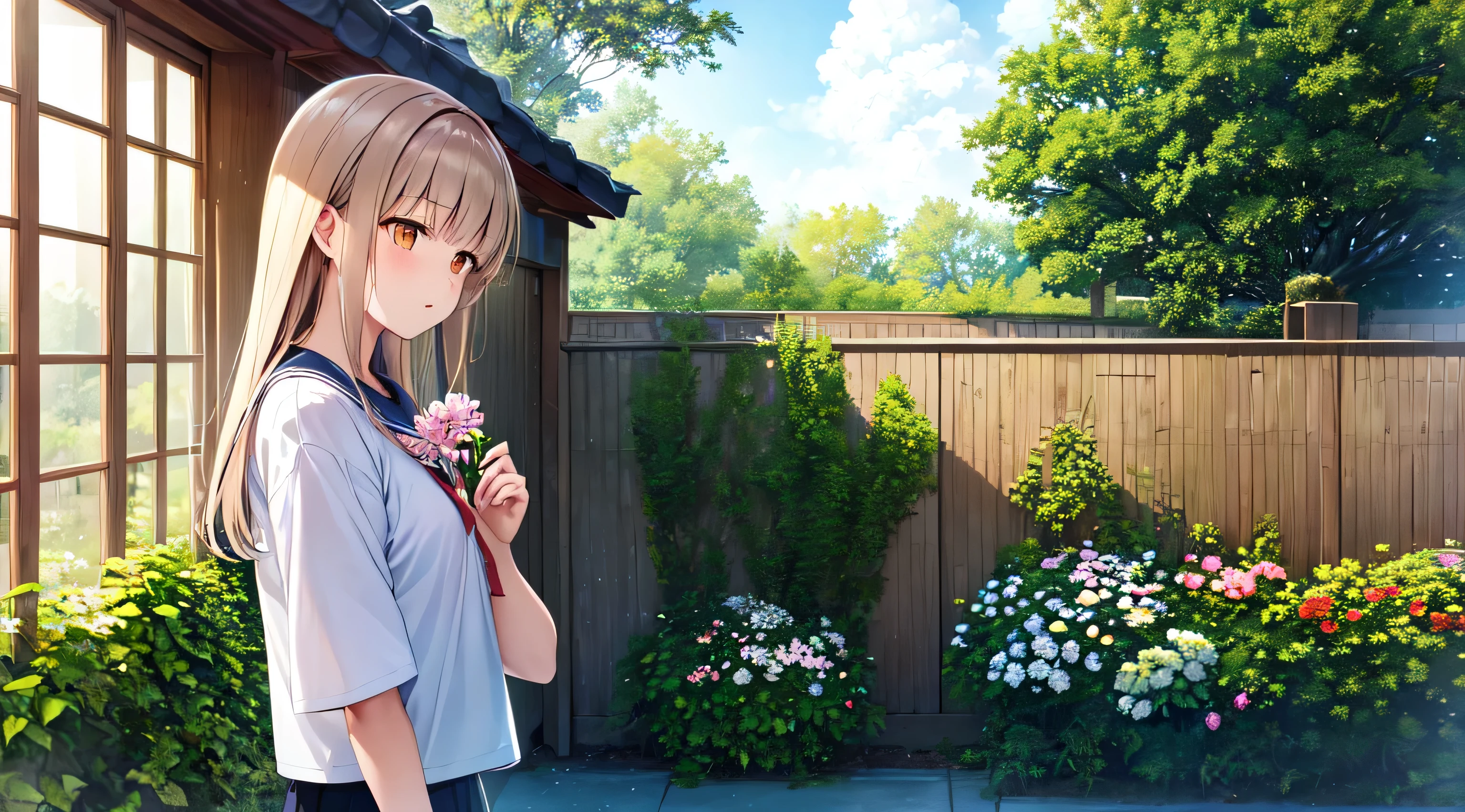 (masterpiece, highest quality),1 girl,16 years old, Mahiru Shiina, alone, flower, outdoor, Letterboxed, , Day, null, look up, short sleeve, parted lips, shirt, cloud, Day光, white shirt, serafuku, Upper body, From the side, pink flower, blurry, blue null, written boundary depth,