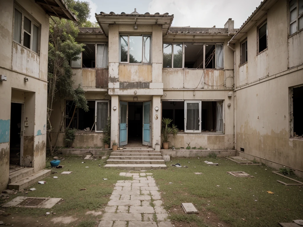 A house with a lot of windows and a door, an abandoned courtyard, an abandoned, empty buildings with vegetation, abandoned south east asia village, small dorm, wide establishing shot, a long-shot from front, an abandoned old, everything seems abandoned, exterior wide shot, badminton court in the courtyard, dusty, trees, bushes, dirty, Malaysia forest, hd, 35mm