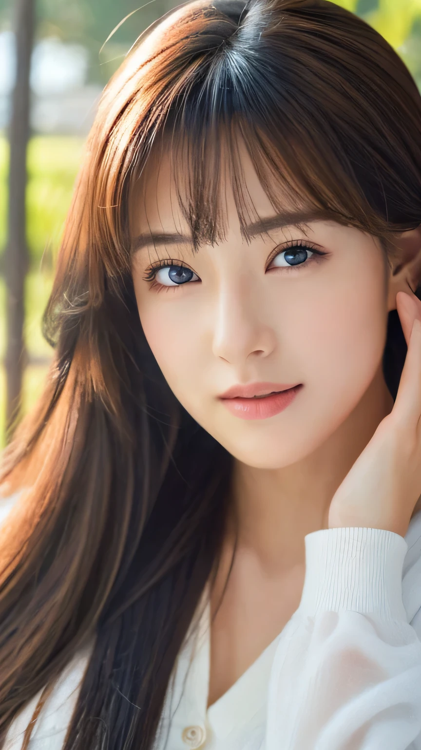 (((32k,high details,high detail、masterpiece,attention to detail,alone))),Raw photo & realistic atmosphere,beautiful dark blue eyes,detailed mouth,glossy lips,thin eyebrows,fine eyes、Soft white skin that shines in every detail、her deep black eyes are so beautiful,lip details、very beautiful face,very well-shaped face、lifelike face,shining beautiful lips,beautiful eyebrows,infinite reality, Realistic young gravure idol,she'she'she'she'she'she's a very cute woman , young gravure idol, young gravure idol, Very beautiful and cute 22 years old beautiful girl,incredibly beautiful and classy,22 years old beautiful girl,natural soft light,(shiny hair,,Beautiful and kind eyes:1.5),gentle smile,well-shaped chest,medium long hair,tie hair,beautiful posture,no makeup,think ahead,