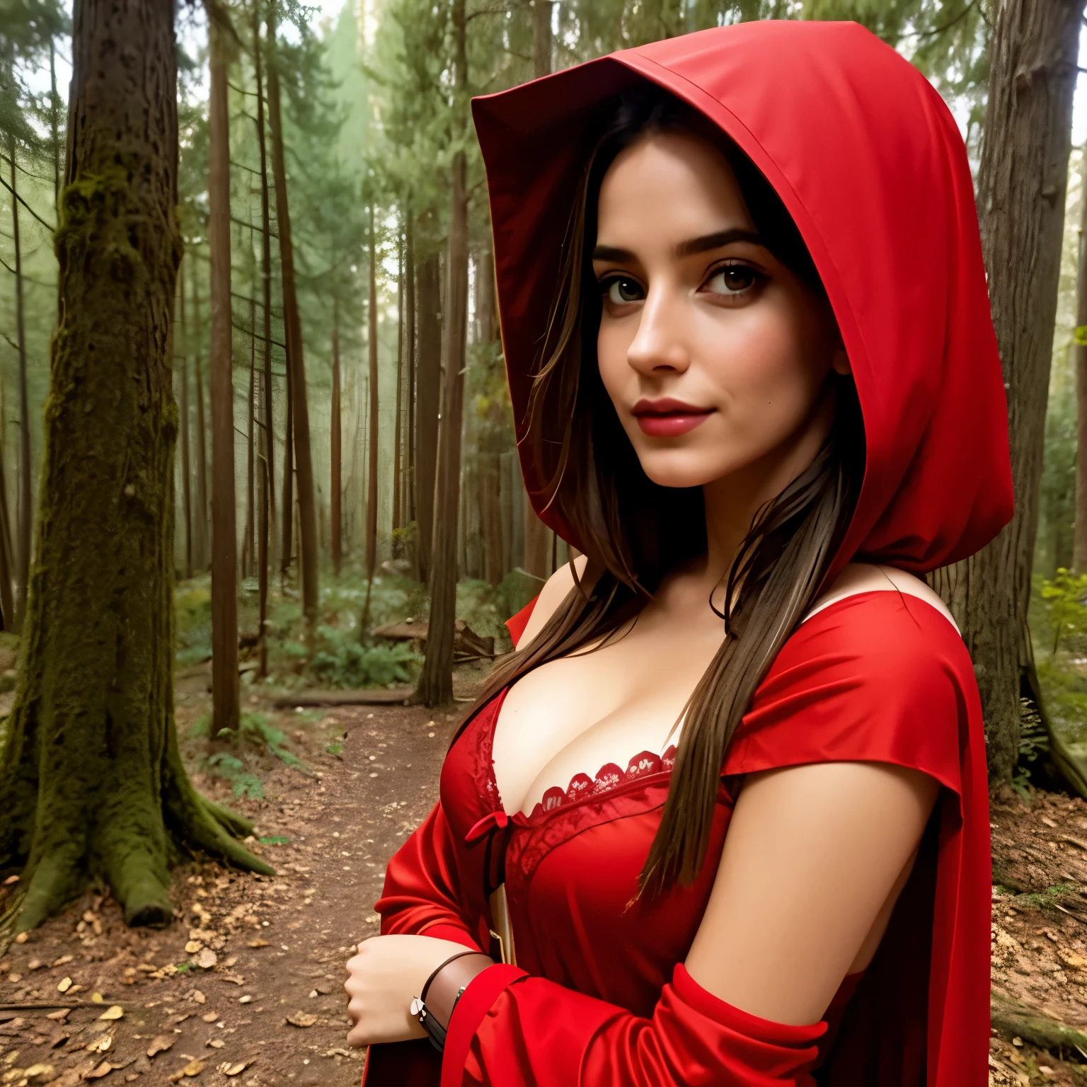 a girl in a red hood,forest,ominous trees,dark path,bright red cloak,detailed floral patterns,innocent eyes,curious expression,large eyes,long lashes,enchanting smile,mysterious wolf,fierce eyes,dark fur,intense gaze,shadows and highlights,dreamlike atmosphere,mystical ambiance,soft lighting,beautiful detailed lips,enchanted forest,vibrant colors,evokes a sense of wonder,warm sunlight filtering through the trees,slender figure,stunningly beautiful,ethereal beauty,magical encounter,ominous undertones