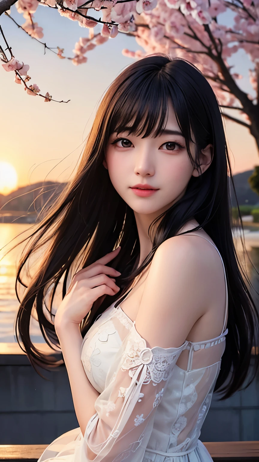 (logo、masterpiece、8K、table top、Raw photo、wonderful、最high quality、フォトリアリスティックでvery detailedな CG 統合 8k 壁紙、high quality、very detailed、narrative poem、particle effects、dynamic effects、Depth of the bounds written、cinematic light、Lens flare、ray tracing)、fantasy、 (1 beautiful woman、dress、dress、cherry blossom pattern、black haired、beautiful face、real face、beautiful details eyes beautiful skin)、髪がWindで踊る、Hair flutters in Wind、hair bounces、pink cherry tree、petals dance、SakuraFubuki、Spectacular view、sunrise、sun on background、Wind、