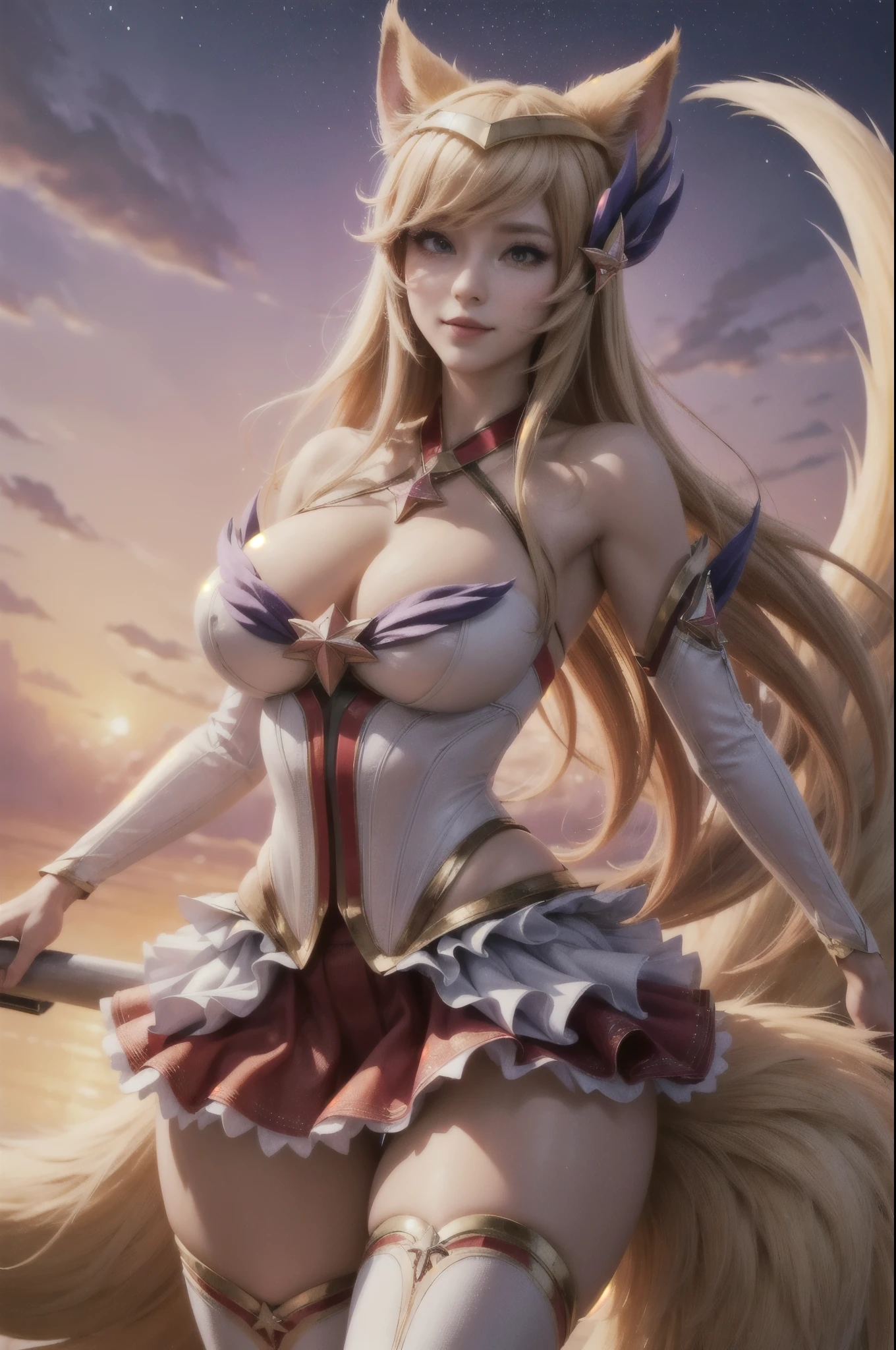 (best quality, masterpiece:1.4), absurdres, ultra-detailed CG, 8k, high detailed, beautiful face, detailed face, 1girl, solo ahri star guardian, IncrsAhriSG, animal ears, fox tail, multiple tails, hair ornament, highlighted sleeves, bare shoulders, skirt, zettai ryouiki, magic, multiple tails, blonde hair, light smile, thick lips, huge breasts, perfect body, thin waist, wide hips